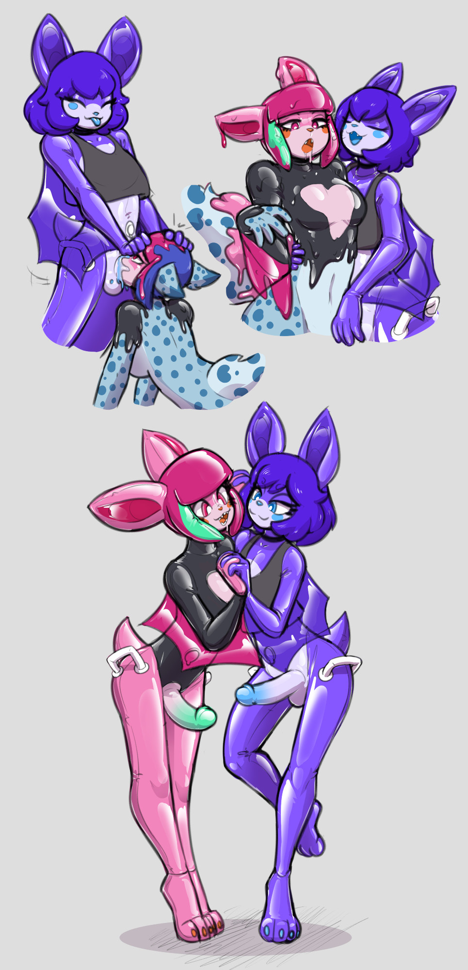1girls, 2025, 2boys, 3 toes, 5 fingers, absurd res, animate inanimate, anthro, balls, bat, bat boy, bat humanoid, bat wings, blue body, blue eyes, blue hair, bodily fluids, breasts, chiropteran, chiropteran humanoid, crop top, cum, cum in mouth, cum inside, cumming, digital art, digital drawing (artwork), digital media, digital media (artwork), duo, felid, feline, felis, fellatio, female, female to femboy, female to male, femboy, femboy on female, femboy on femboy, femboy/female, femboy/femboy, ftm transformation, furry, gender transformation, genderswap, genderswap (ftm), girly, glistening, glistening balls, glistening body, glistening genitalia, glistening hair, glistening penis, hair, helixjack, hi res, holding hands, inflatable, inflatable transformation, latex, latex transformation, leopard, liquid latex, living inflatable, living latex, living sex doll, male, male on female, male on male, male/female, male/male, mammal, mew (helixjack), pantherine, penis, pink body, pink hair, rubber, rule 63, sex doll, short hair, snow leopard, species transformation, tank top, testicles, tomgirl, tongue, tongue out, transformation, transformation through sex