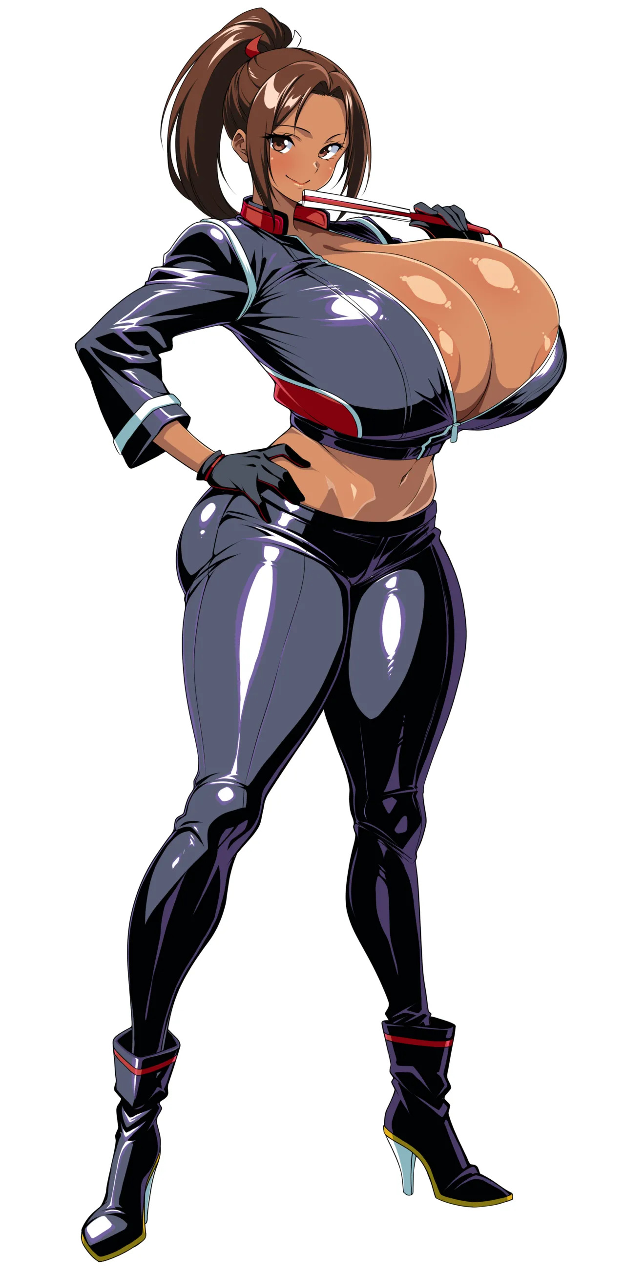 :>, 1girls, artist name, belly button, black gloves, black jacket, black pants, blush, blushing at viewer, blushing female, boots, breasts, brown eyes, brown hair, brown skin, cleavage, dark skin, dark-skinned female, exposed nipples, fatal fury, fatal fury: city of the wolves, female, female only, folding fan, full body, gloves, hand fan, hand on own hip, high heel boots, high heels, huge breasts, huge nipples, jabara tornado, jacket, large areolae, large breasts, latex, latex boots, latex jacket, latex pants, latex shirt, light skin, light-skinned female, long hair, looking at viewer, mai shiranui, mai shiranui (city of the wolves), midriff, navel, nipple slip, nipples, no bra, open clothes, open jacket, pants, ponytail, puffy nipples, signature, skin tight, smile, smiling at viewer, snk, solo, solo female, solo focus, standing, street fighter, street fighter 6, sweat, tan body, tanned, tanned female, tanned skin, thick thighs, thighs, unzipping, white skin, zipper