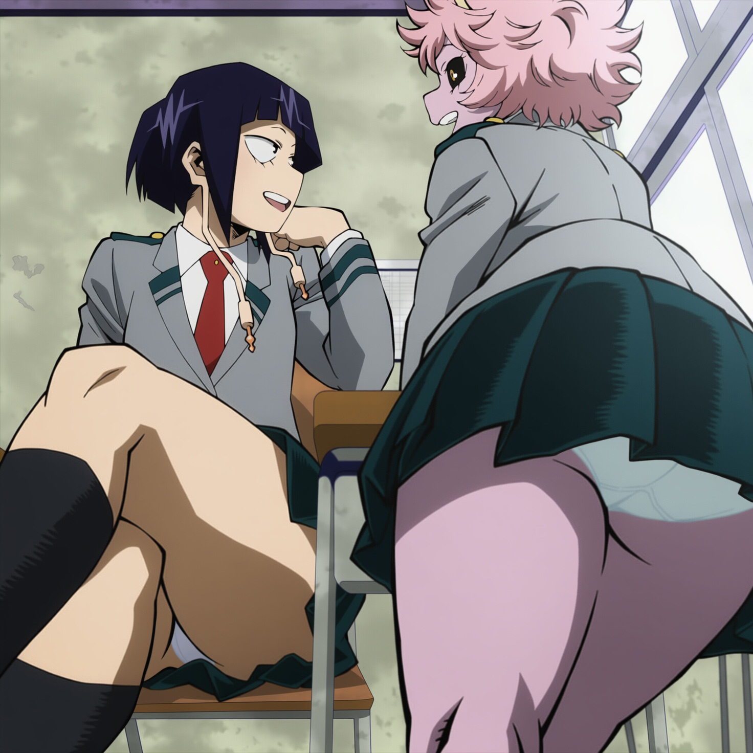 2girls, ai generated, aibooby, ass, big ass, black sclera, boku no hero academia, female, female focus, female only, kyoka jiro, mina ashido, my hero academia, panties, pink hair, pink skin, pink-haired female, purple hair, purple-haired female, school uniform, smile, thick thighs, thighs, voyeur, yellow eyes