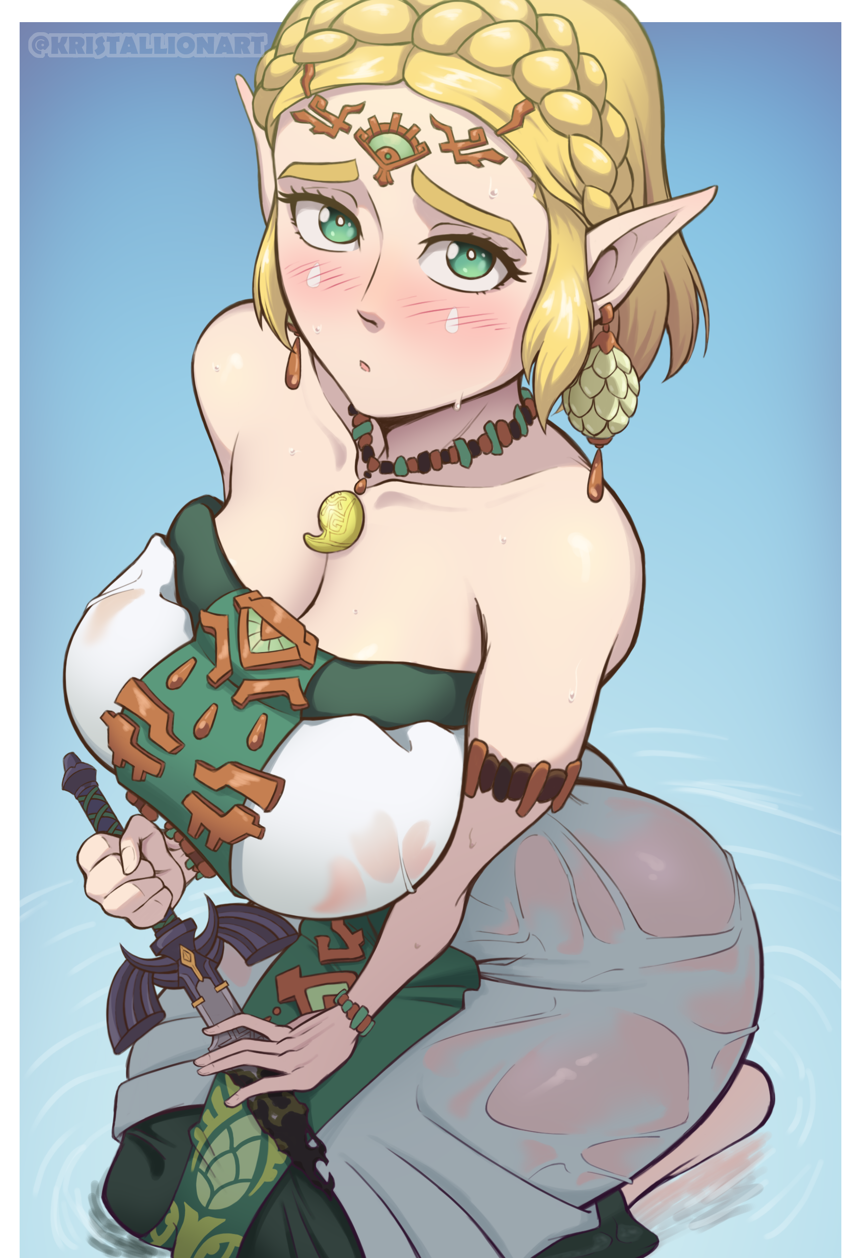 1girls, 2025, ass, ass visible through thighs, big breasts, big hips, blonde female, blonde hair, blonde-haired female, blue eyes, blush, breasts, clothed, clothing, detailed background, digital media (artwork), dress, earrings, female, hairpin, hi res, hips, huge breasts, huge hips, human, hylian, jewelry, kristallion, large breasts, light skin, light-skinned female, looking at viewer, necklace, nintendo, patreon, patreon username, pointy ears, princess, princess zelda, short blonde hair, short hair, solo, solo female, tears of the kingdom, the legend of zelda, thick thighs, thighhighs, thighs, triforce, wide hips, yellow hair, zelda (tears of the kingdom)