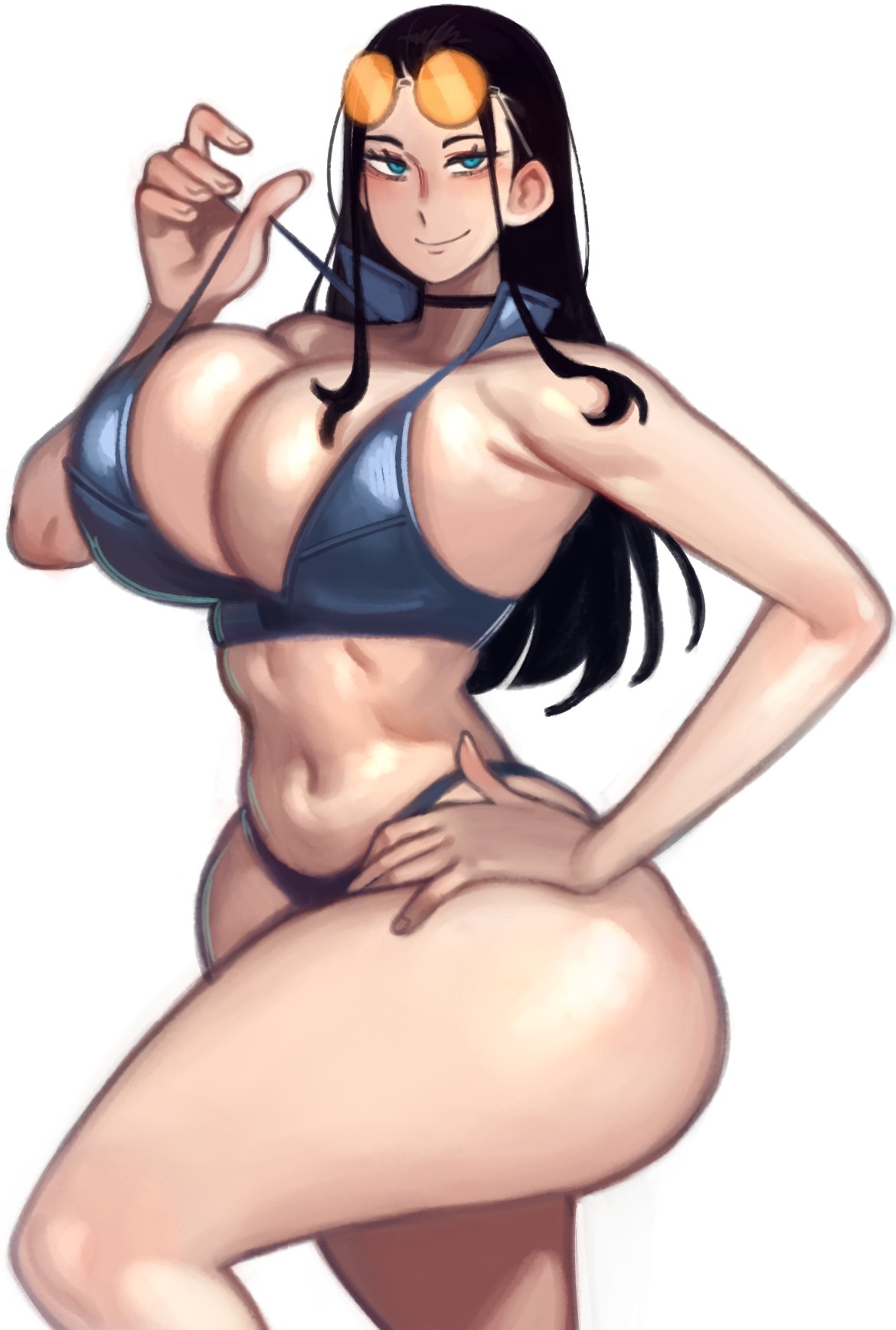1girls, about to burst, ass too big, barely contained, barely contained breasts, barely fits, black hair, black-haired female, breasts, breasts too big, bursting breasts, female, female focus, female only, imminent wardrobe malfunction, kelvin hiu, large breasts, light skin, light-skinned female, nico robin, one piece, solo, straining clothing, thick thighs, thighs, tight bikini, tight clothes, tight clothing, tight fit, tight swimsuit, tight swimwear, too tight, undersized clothes, undersized clothing, white background, wide hips