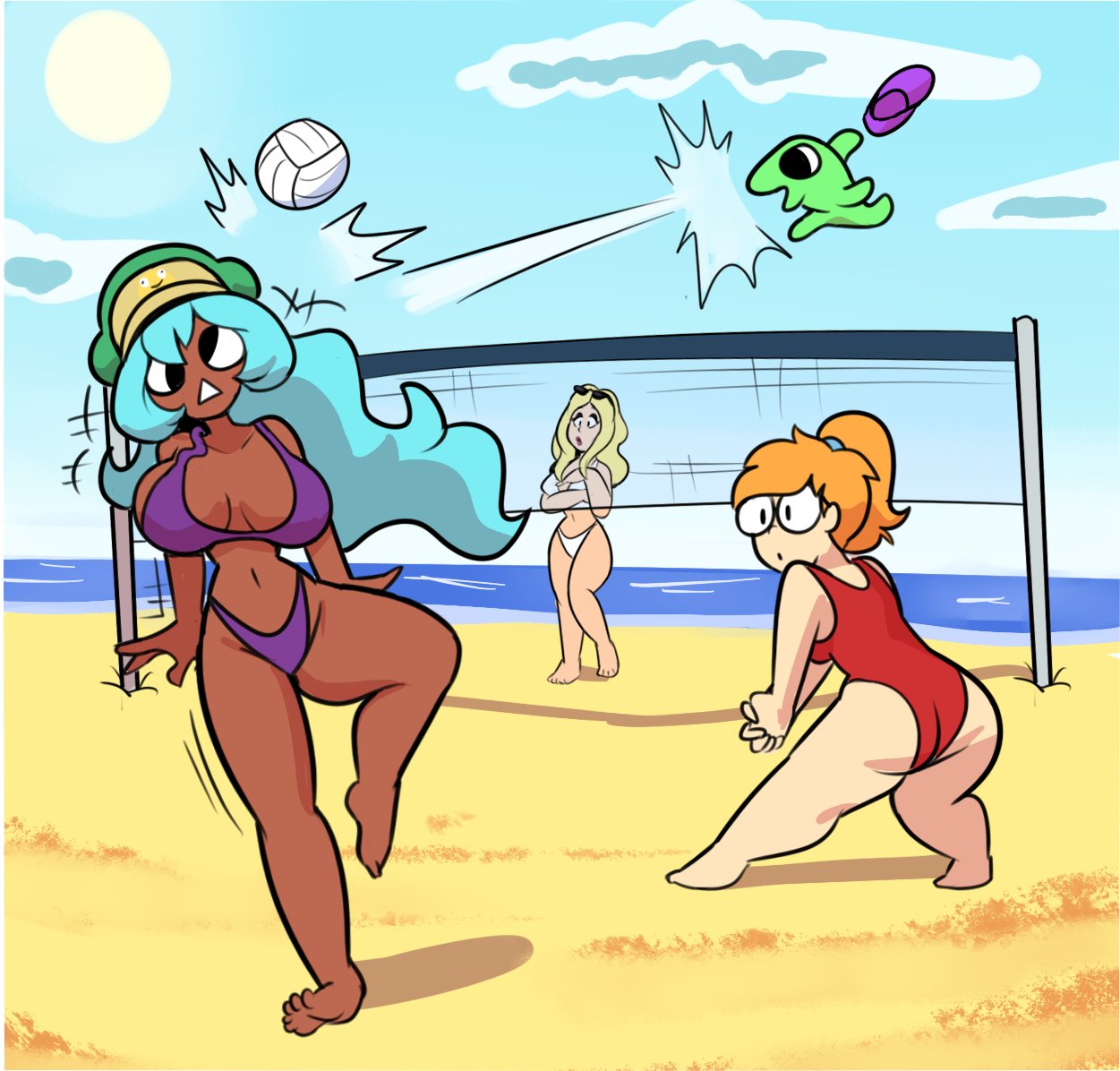 1boy, 3girls, ass, beach, big ass, big breasts, bikini, brown skin, comedy, cute, dark skin, dolly dimpley, funny, glep (smiling friends), humor, large ass, large breasts, male, marge simpson (smiling friends), smiling friends, superspoe, swimsuit, tagme, volleyball, zoey (smiling friends)