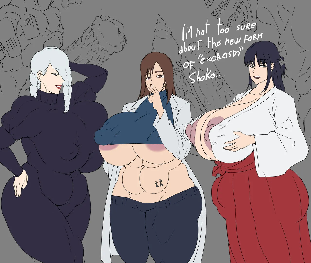 3girls, abs, breasts bigger than head, captainexcelsior, cleavage cutout, holding own breast, huge areolae, huge ass, huge cock, hyper breasts, jujutsu kaisen, mei mei (jujutsu kaisen), shoko ieiri, tattoo, text, underboob, utahime iori, voluptuous, wide hips