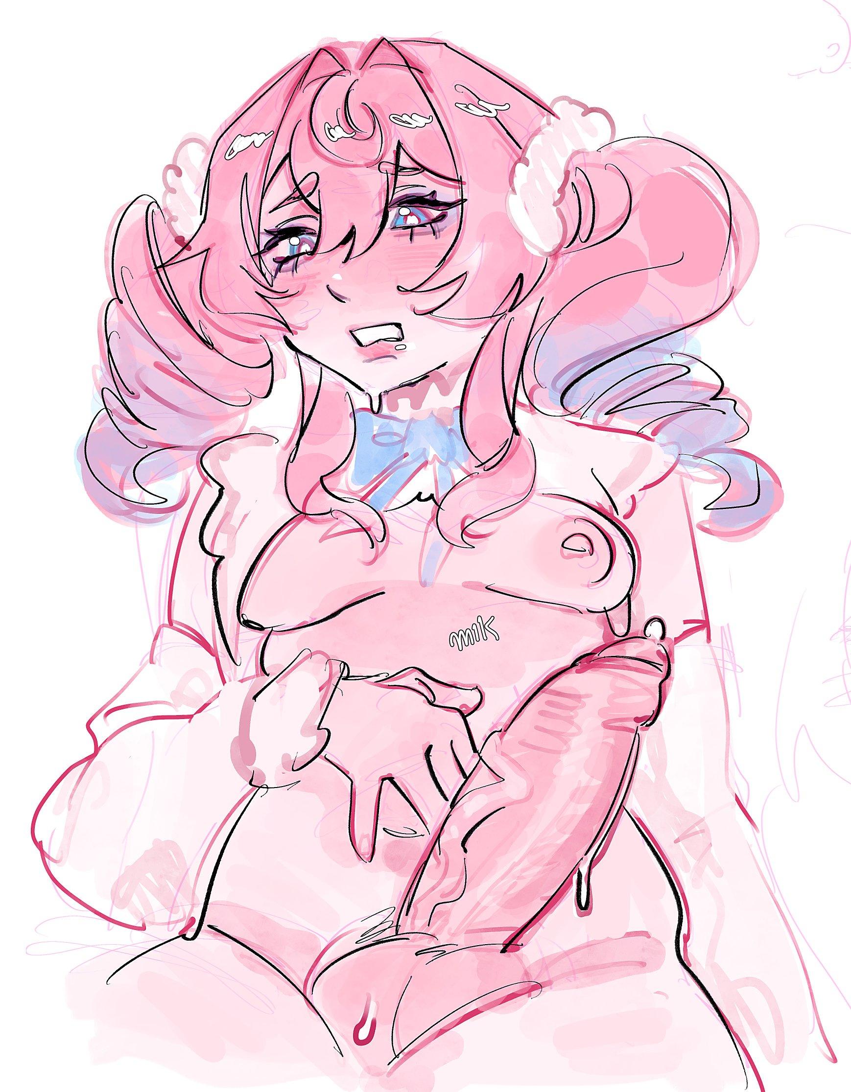 1futa, blue eyes, blush, bottomless, breasts, feet out of frame, futa only, futanari, honkai (series), honkai: star rail, hyacine (honkai: star rail), long hair, mikchuku, navel, nipples, penis, pink hair, small breasts, solo, solo futa, twintails