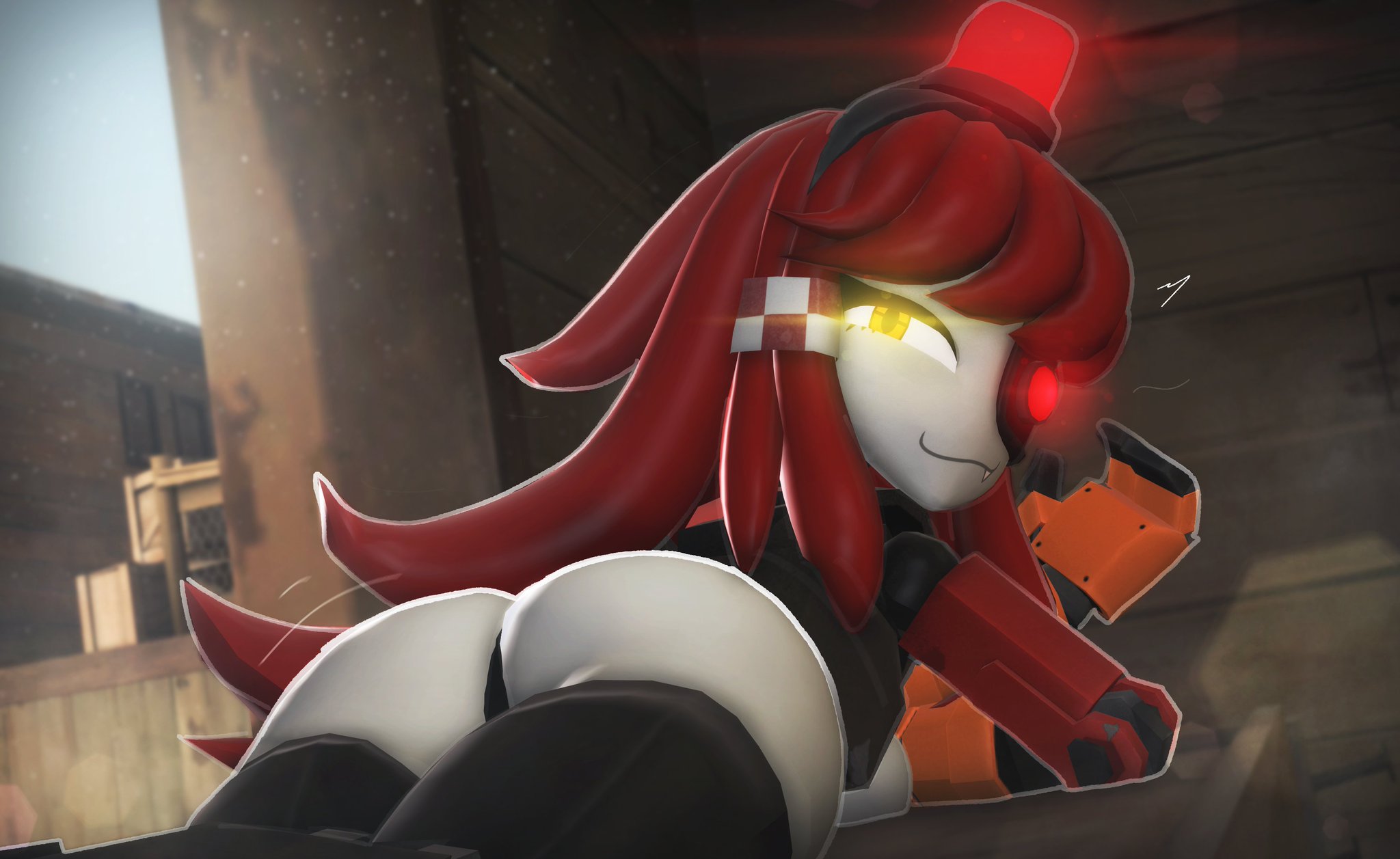 3d, 3d (artwork), ass, ass focus, black panties, breasts, breasts out, butt, butt focus, female, female focus, female only, garry's mod, girl, humanoid, lisedoub, long hair, looking at viewer, looking back, medium ass, mimi sentry, panties, red hair, robot, robot girl, robot humanoid, solo, tagme, team fortress 2, yellow eyes