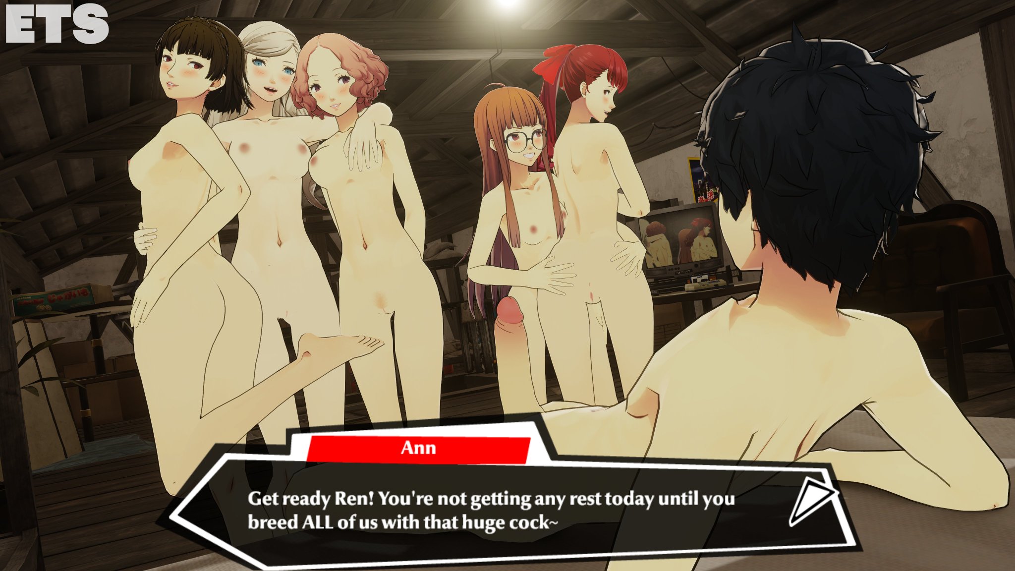 1boy, 1boy5girls, 3d, 5girls, accurate art style, ann takamaki, asking for sex, ass, attic, barefoot, bedroom, before sex, black hair, blonde hair, blue eyes, blushing, brown eyes, brown hair, english text, erect penis, erection, eulathighstraps, feet, glasses, hands on ass, harem, haru okumura, kasumi yoshizawa, leg up, legs, long hair, looking at partner, looking back at partner, makoto niijima, medium breasts, mouth open, nude, nude female, nude male, official style, orange hair, persona, persona 5, petite, pubic hair, red hair, red ribbon, red ribbon in hair, ren amamiya, sakura futaba, sexy pose, skinny, slim, small breasts, smiling, smiling at partner, sumire yoshizawa, text, text box, thighs