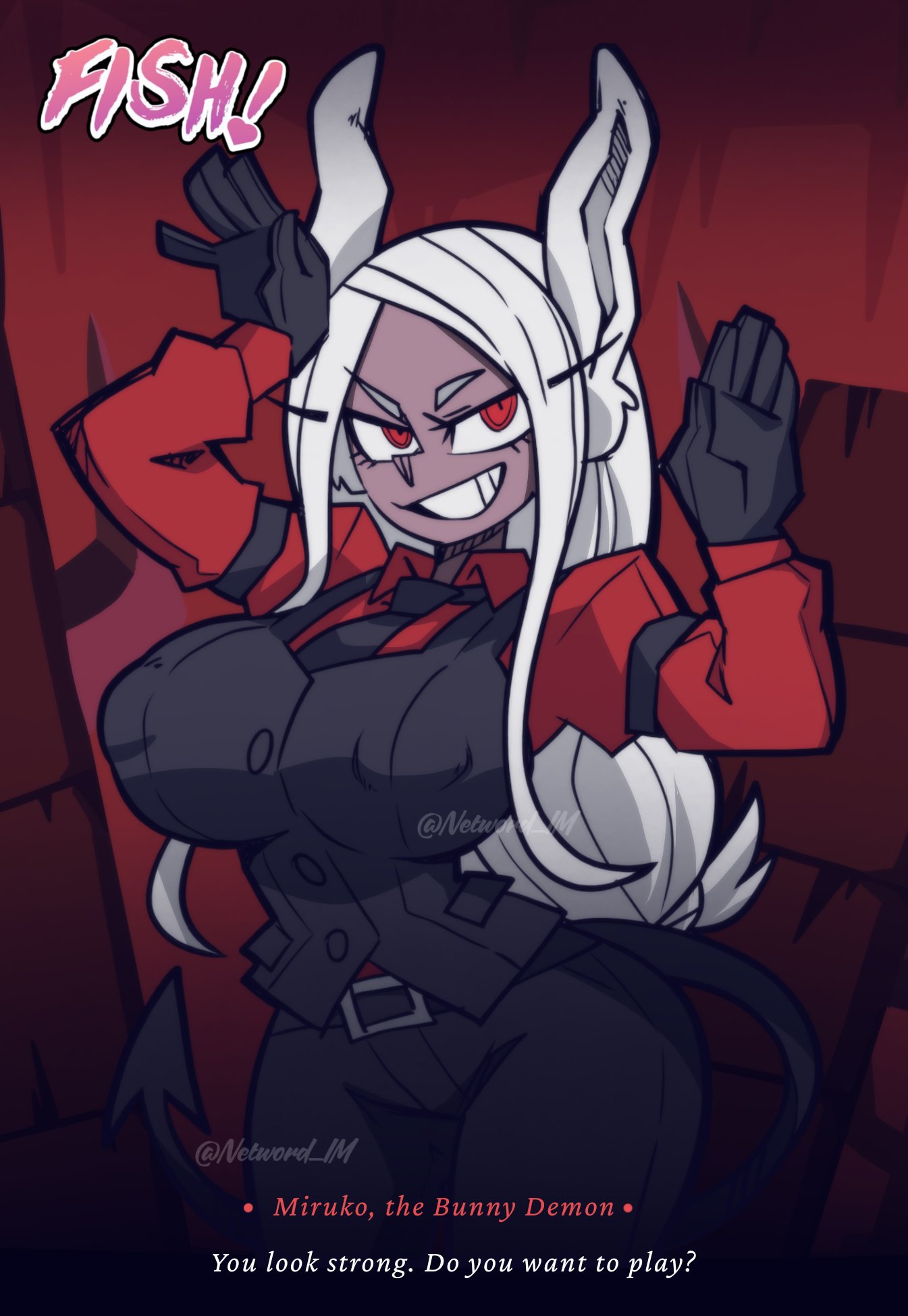1girls, abs, accurate art style, alternate costume, animal ears, biceps, big breasts, boku no hero academia, breasts, dark skin, dark-skinned female, demon tail, female, gloves, hands up, helltaker, highres, large breasts, long eyelashes, long hair, looking at viewer, mirko, miruko, muscular, muscular female, my hero academia, networdnn, parallaxfused, parted bangs, rabbit ears, rabbit girl, rabbit pose, red eyes, rumi usagiyama, second-party source, sideboob, simple background, smile, solo, suit, usagiyama rumi, very long hair, white gloves, white hair