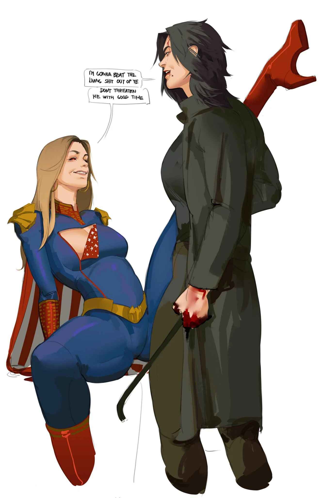 2girls, artist request, billy butcher, black hair, black sclera, blonde hair, blood, blood on hand, bodysuit, breasts, center opening, cleavage, crowbar, english text, genderswap, genderswap (mtf), high heel boots, homelander, hoop earrings, hoop earrings oversized, implied yuri, large breasts, leg up, red eyes, rule 63, source request, superheroine, text, the boys, trenchcoat, yuri