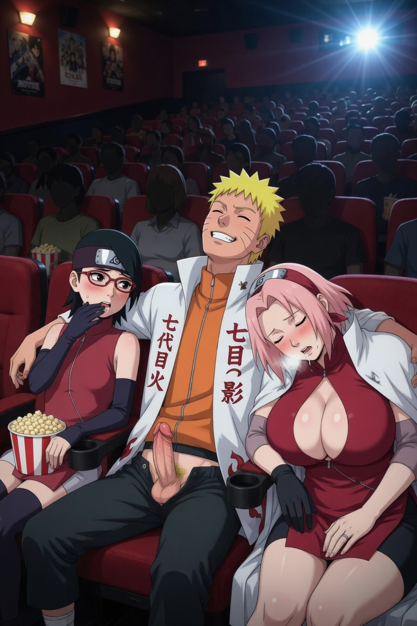 1boy, 2026, 2d, 2girls, age difference, ai generated, aistuffo, balls, big breasts, black eyes, black hair, blonde hair, blush, boruto: naruto next generations, cinema, cleavage, cleavage cutout, clothed, glasses, headband, hokage, mother and daughter, naruto, naruto (series), pants, pants down, penis, pink hair, popcorn, revealing clothes, sakura haruno, sarada uchiha, sitting, smooth skin, straight, thighs, uncensored, uzumaki naruto, whisker markings