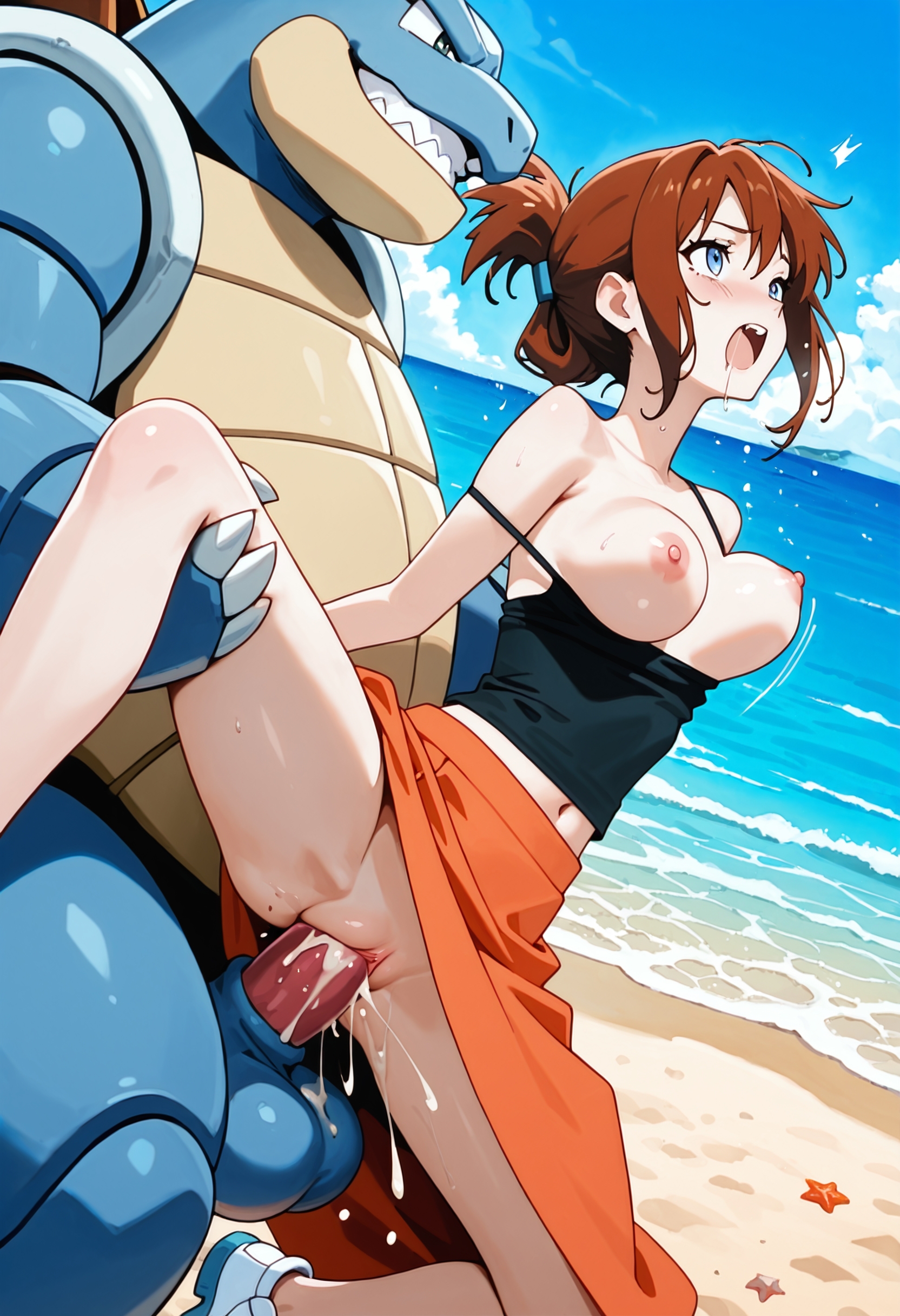 1boy, 1boy1girl, 1girl, 1girl1boy, 1girls, ai, ai art, ai assisted, ai generated, ai-created, beach, beastiality, blastoise, blush, bouncing breasts, breasts, breasts out, cissy (pokemon), drooling, duo, game freak, greymaker, gym leader, hetero, interspecies, interspecies sex, medium breasts, nintendo, penis, pokemon, pokemon (anime), pokemon (creature), pokemon (species), pokemon trainer, pokephilia, pussy, sex, skirt lift, stable diffusion, uncensored