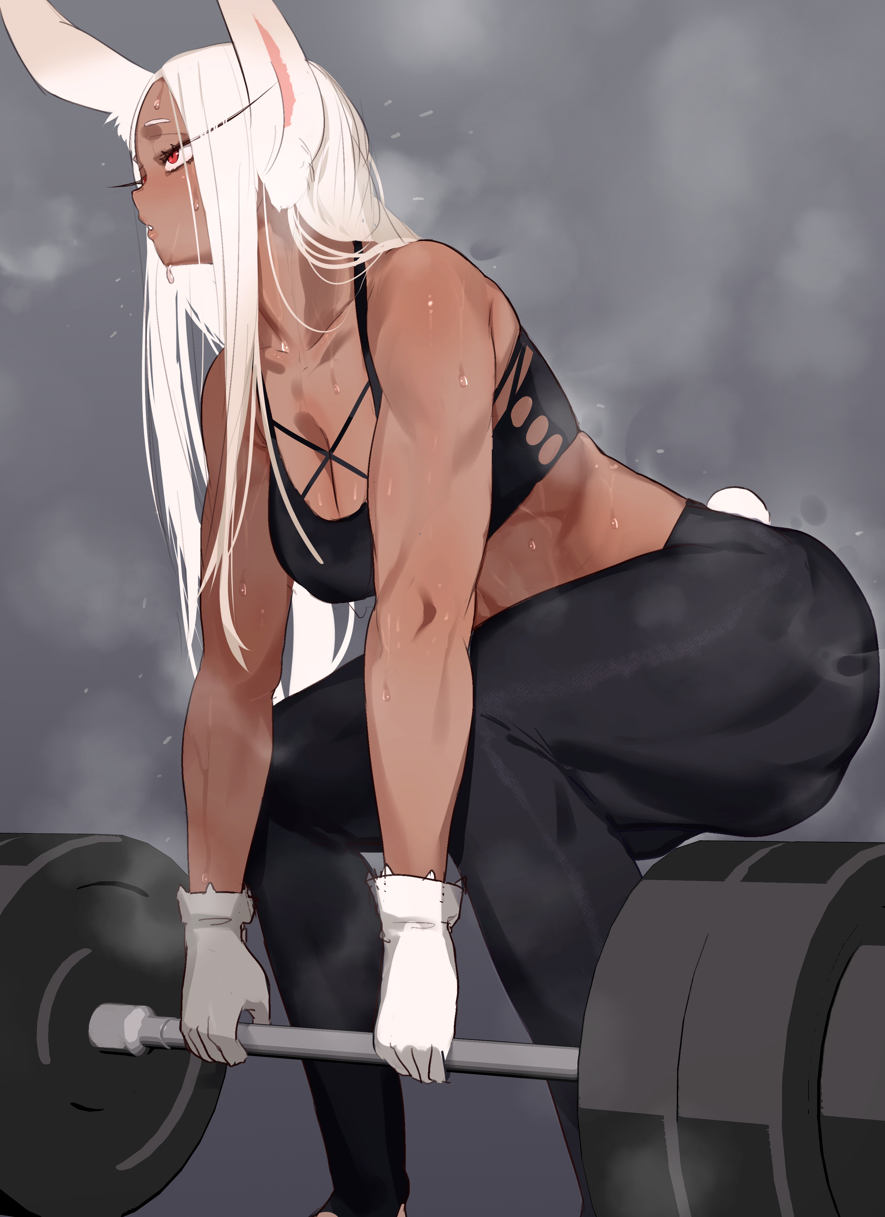 athletic, athletic female, barbell, big breasts, breasts, cleavage, dark skin, dark-skinned female, female, fit, fit female, fluffy tail, gloves, gym, gym clothes, heavy breathing, kikimifukuri, miruko, muscular, muscular female, muscular thighs, my hero academia, rabbit ears, rabbit tail, red eyes, rumi usagiyama, shounen jump, steam, steaming body, steamy breath, sweat, sweatdrop, sweating, white hair, working out, workout, workout clothes