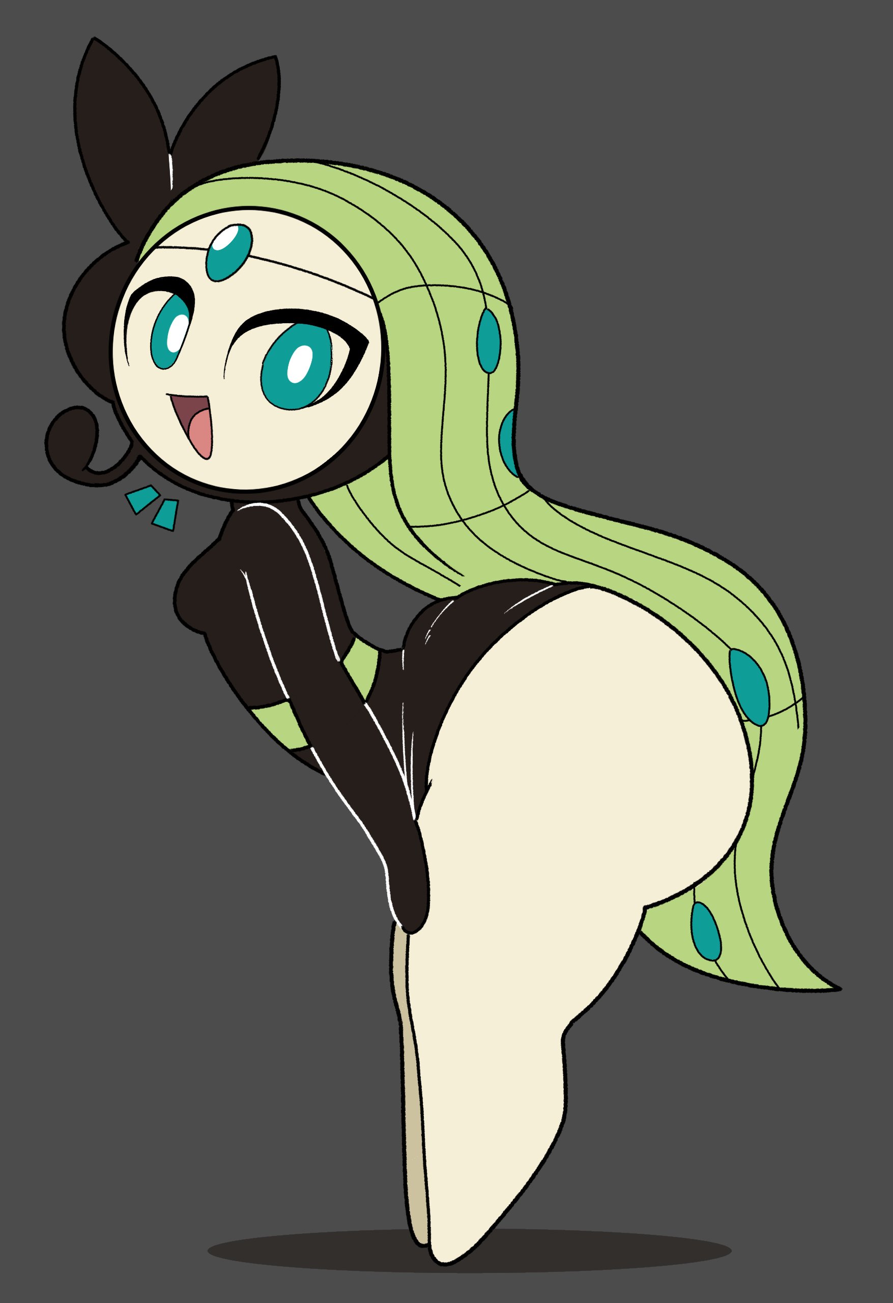 ass, big ass, big butt, black dress, butt, dress, female, green hair, jutsapostion, legendary pokemon, long hair, looking at viewer, meloetta, mythical pokemon, nintendo, pokemon, pokemon (species), side view, solo, thick thighs, thighs, white body