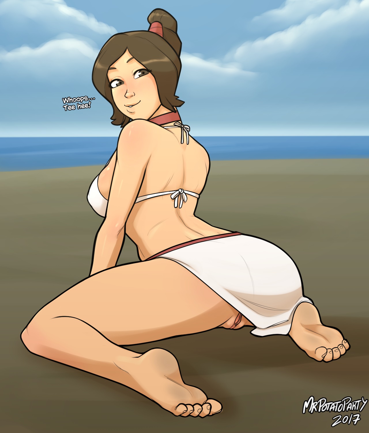 1girls, 2017, 2d, artist name, ass, avatar the last airbender, barefoot, bikini, breasts, brown eyes, brown hair, clothing, feet, female, female only, fire nation, from behind, kneeling, light skin, light-skinned female, looking at viewer, looking back, medium breasts, mrpotatoparty, nickelodeon, no panties, offscreen character, pale skin, pale-skinned female, pussy, skirt, soles, solo, swimsuit, tagme, ty lee, watermark
