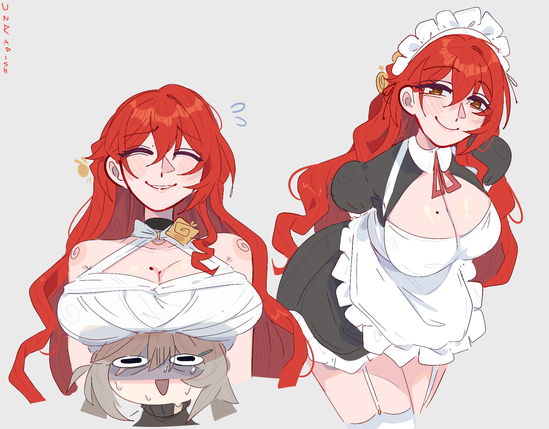 2026, big breasts, breasts on head, himeko (honkai: star rail), honkai (series), honkai: star rail, huge breasts, infamcantaloupe, maid uniform, mole on breast, qingque (honkai: star rail), red hair, tagme, unfamousradish