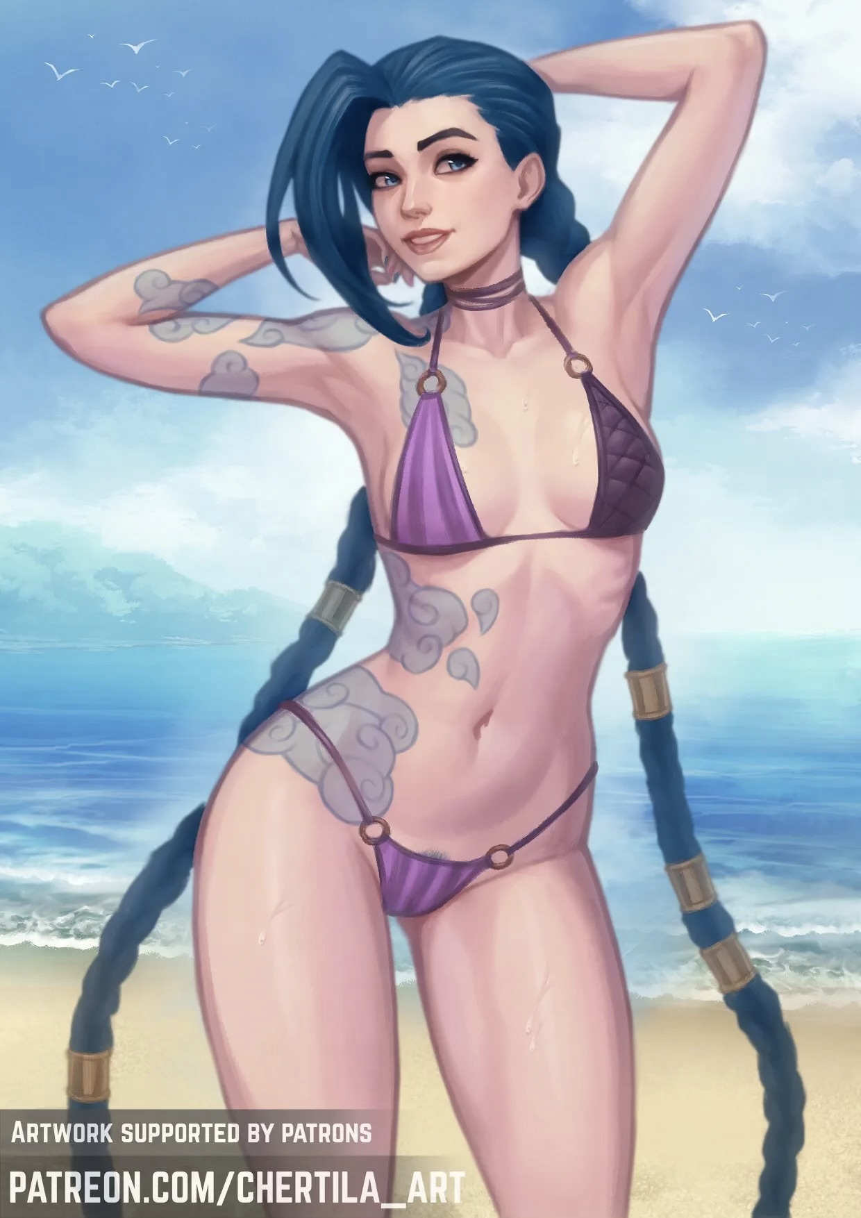 , 1girls, 2d, 2d (artwork), arcane, arcane jinx, armpits, arms up, arms up pose, beach, belly, big ass, bikini, bikini bottom, bikini top, blue eyes, blue hair, breasts, camel toe, cameltoe, chertila, choker, confident, confident pose, confident smile, digital drawing (artwork), digital media (artwork), female, flat belly, flat chested, hi res, hourglass figure, human, jinx (arcane), jinx (league of legends), league of legends, light skin, light-skinned female, long hair, navel, netflix, nipple bulge, nipple outline, nipples visible through clothing, outside, painted nails, pale skin, pale-skinned female, pose, posing, presenting body, pubic hair, pubic hair peek, red eyes, riot games, sand, sideboob, skinny, skinny female, slim waist, small breasts, smile, smiling, solo, string bikini, swimsuit, tattoo, tattooed arm, tattoos, thick legs, thighs, tied hair, tits, twintails, variant set, very long hair, was, water, wide hips