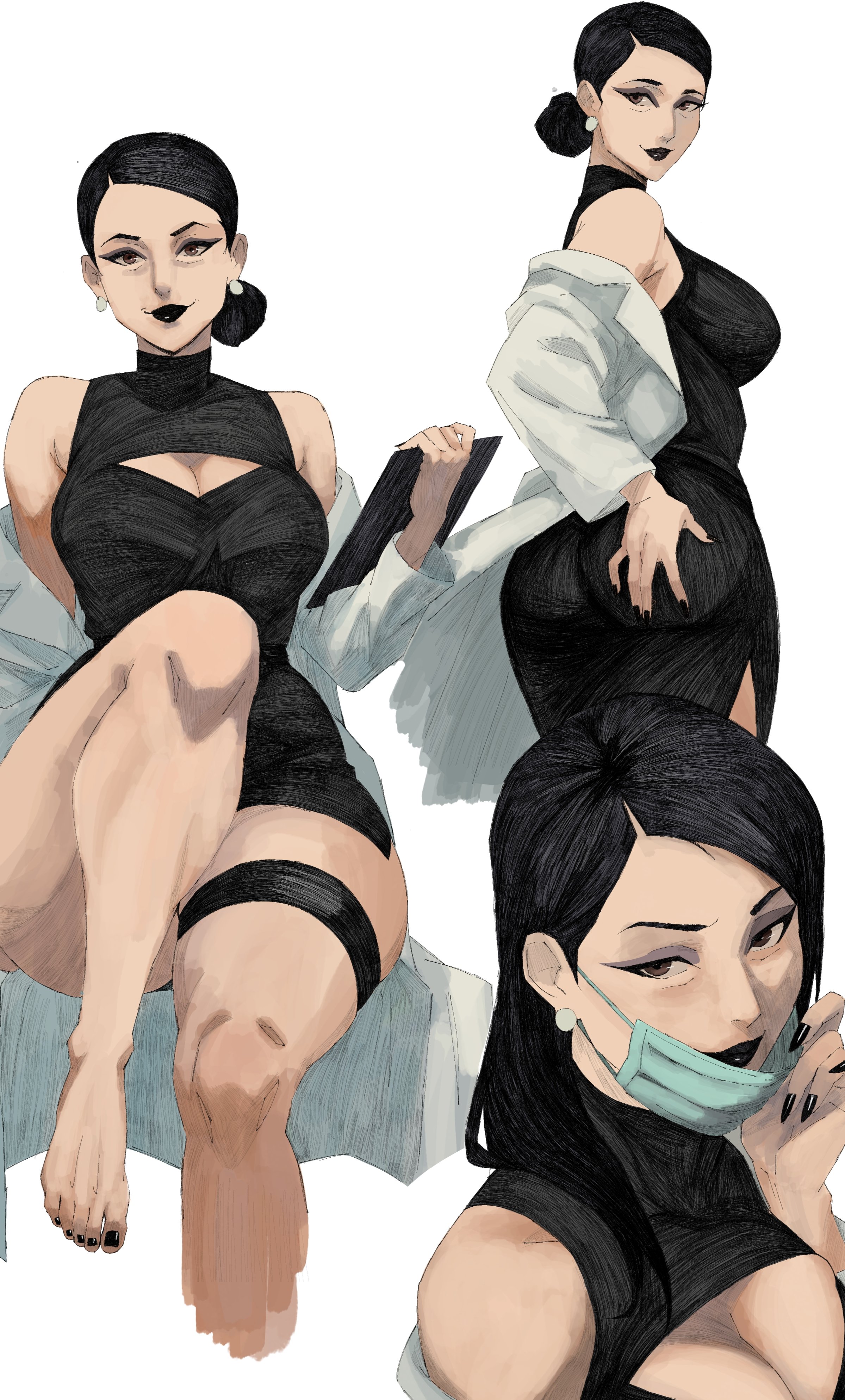 1girls, 2d, absurd res, barefoot, black clothing, black dress, black hair, black lips, black lipstick, black nail polish, black nails, brown eyes, cleavage, cleavage cutout, cropped legs, debbie grayson, dress, feet, female, female only, hex mamaniac, highres, invincible, lab coat, large ass, large breasts, large thighs, lipstick, looking at viewer, makeup, mask, mature female, mouth mask, nail polish, painted fingernails, painted nails, seductive, sleeveless, sleeveless dress, smile, solid color background, solo, solo female, toenail polish, toenails, white background