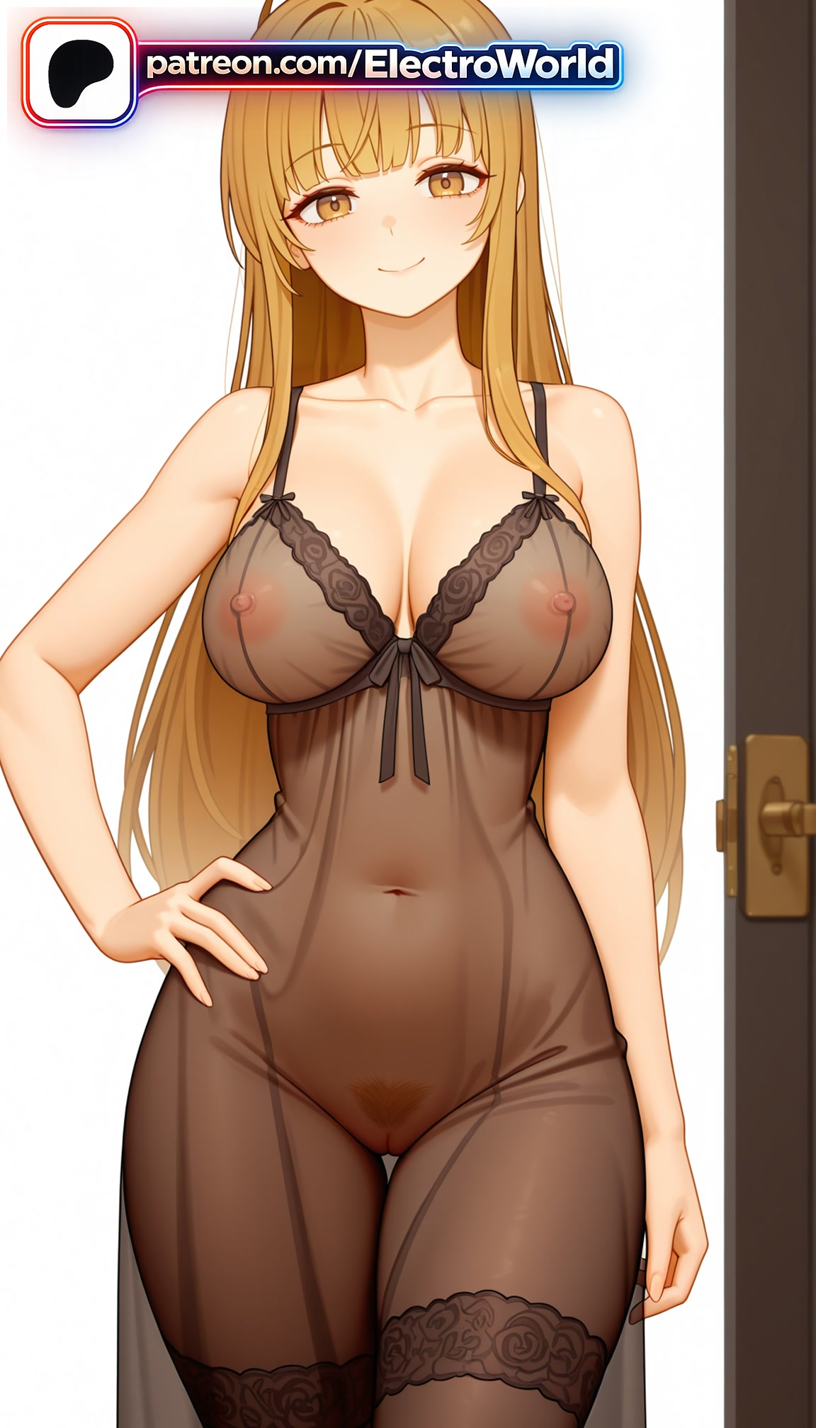 1girl, 1girls, 2026, ai generated, artist name, bangs, boobs, breasts, bust, chest, electroworld, exposed nipples, eyebrows visible through hair, female pubic hair, hand on hip, hi res, high quality, high resolution, highres, lingerie, long hair, navel, nipples, nipples outside, otonari no tenshi-sama ni itsu no mani ka dame ningen ni sarete ita ken, patreon, patreon username, pubic hair, see-through, shiina mahiru, smile, solo, stable diffusion, thighhighs, tits, underwear, watermark