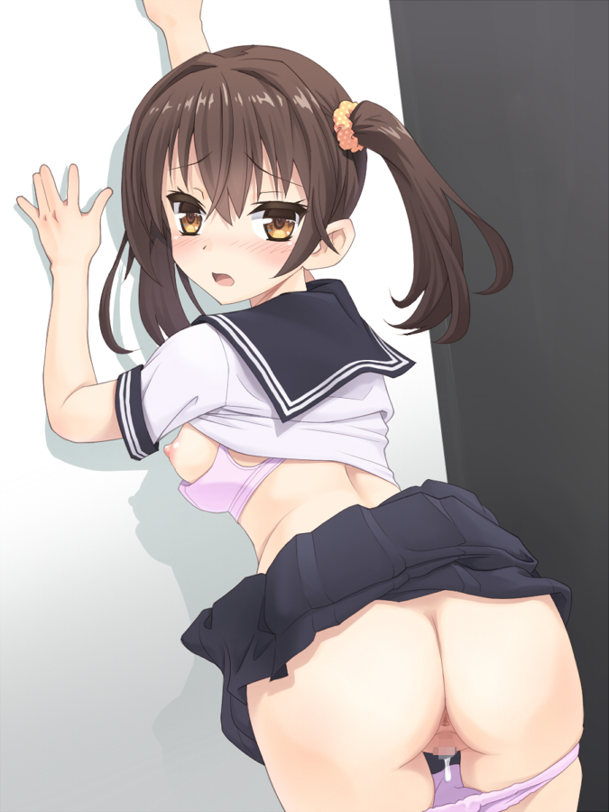 against_wall anus ass black_skirt blush bra bra_pull breasts brown_eyes brown_hair censored commentary_request female looking_back meow_(nekodenki) mosaic_censoring nipples open_mouth original panties panty_pull pink_bra pink_panties pussy pussy_juice school_uniform short_hair skirt skirt_lift tied_hair twintails underwear