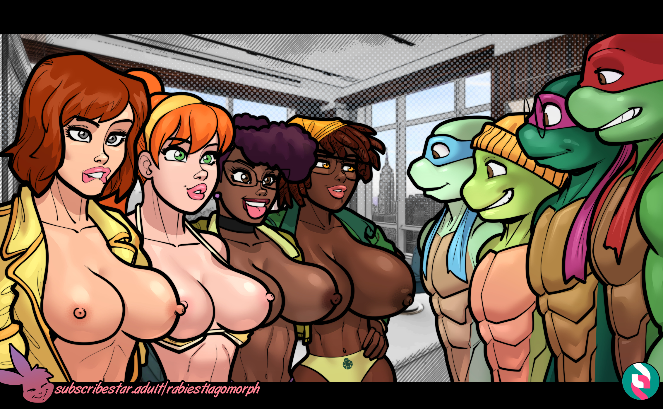 2d, 2d (artwork), 4boys, 4girls, anthro, april o'neil, april o'neil (rise of the tmnt), april o'neil (tmnt 1987), april o'neil (tmnt 2012), april o'neil (tmnt 2023), areola, bikini top, breasts, breasts out, cbs (broadcasting company), dark-skinned female, donatello, donatello (tmnt), female, human, leonardo, leonardo (tmnt), male, male/female, michelangelo, michelangelo (tmnt), navel, nickelodeon, nipples, rabies-t-lagomorph, raphael, raphael (tmnt), redhead, rise of the teenage mutant ninja turtles, rottmnt, tales of the teenage mutant ninja turtles, teenage mutant ninja turtles, teenage mutant ninja turtles (1987), teenage mutant ninja turtles (2012), tmnt, tmnt 1987, tmnt 2012, tmnt 2018, undertagged