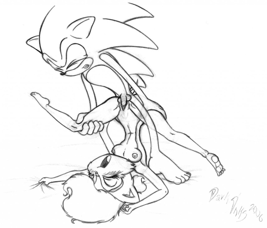 1boy 1girls anthro anvil_position bed breasts chipmunk dark_inks female furry hedgehog holding interspecies legs_up male mammal monochrome nipples nude on_back on_top penetration penis pussy rodent sally_acorn sex sonic_(series) sonic_the_hedgehog straight testicles text vaginal_penetration video_games