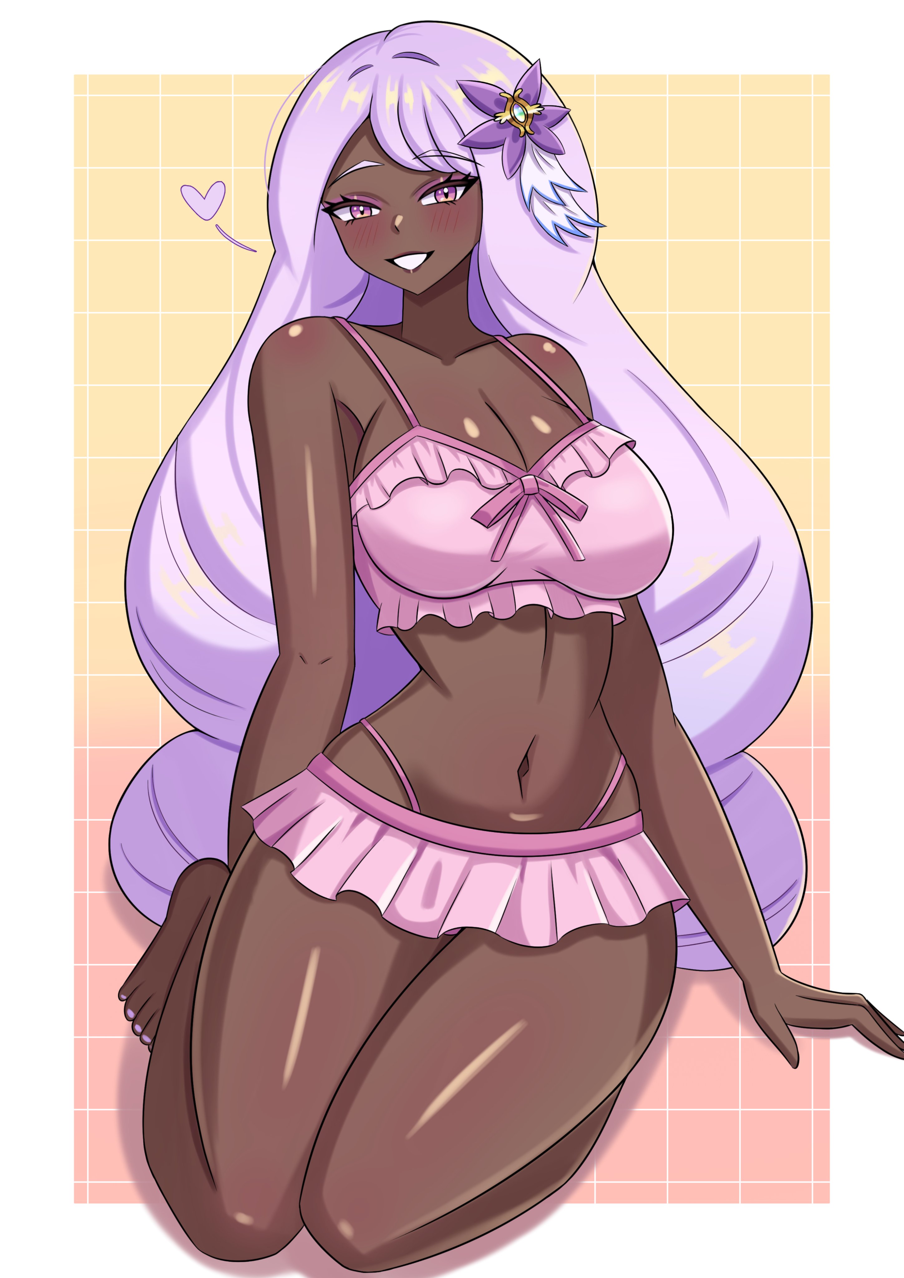 1girl, 1girls, absurdres, bare shoulders, barefoot, big hair, bikini, blush, border, breasts, cleavage, collarbone, commentary, dark skin, dark-skinned female, darkmynde, english commentary, eyelashes, eyeshadow, frilled bikini, frills, gradient background, grid background, heart, highres, jacinthe (pokemon), large breasts, long hair, looking at viewer, makeup, miniskirt, nail polish, navel, nintendo, outside border, pink background, pink bikini, pink eyes, pink eyeshadow, pokemon, pokemon legends: z-a, purple hair, purple nails, sitting, skirt, smile, swimsuit, toenail polish, toenails, very dark skin, very long hair, white border, yellow background, yukari (pokemon)