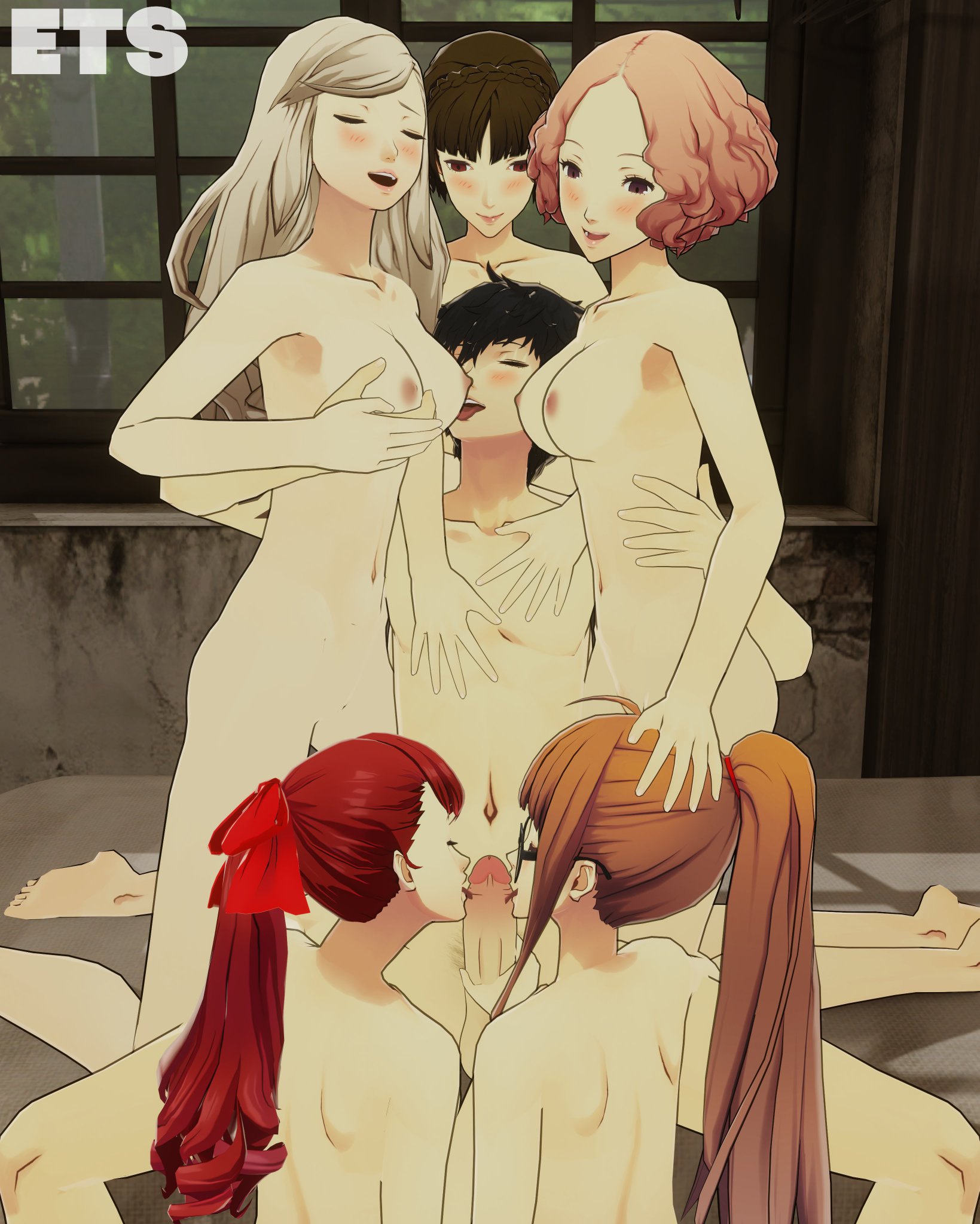 1boy, 1boy5girls, 3d, 5girls, accurate art style, ann takamaki, asking for sex, ass, attic, barefoot, bed, bedroom, bedroom sex, before sex, black hair, blonde hair, blowjob, blue eyes, blush, blushing, breasts, brown eyes, brown hair, collaborative fellatio, double blowjob, double fellatio, erect penis, erection, eulathighstraps, eyes closed, feet, fellatio, female, glasses, group sex, hands on ass, harem, haru okumura, hetero, kasumi yoshizawa, large penis, leg up, legs, licking breast, licking penis, long hair, looking at partner, looking back at partner, looking pleasured, makoto niijima, male, male/female, medium breasts, mouth open, nipples, nude, nude female, nude male, official style, oral, oral sex, orange hair, penis, persona, persona 5, petite, pubic hair, red hair, red ribbon, red ribbon in hair, ren amamiya, sakura futaba, sex, sexy pose, sixsome, skinny, slim, small breasts, smiling, smiling at partner, straight, straight sex, sumire yoshizawa, teenage girl, teenager, thighs, vagina