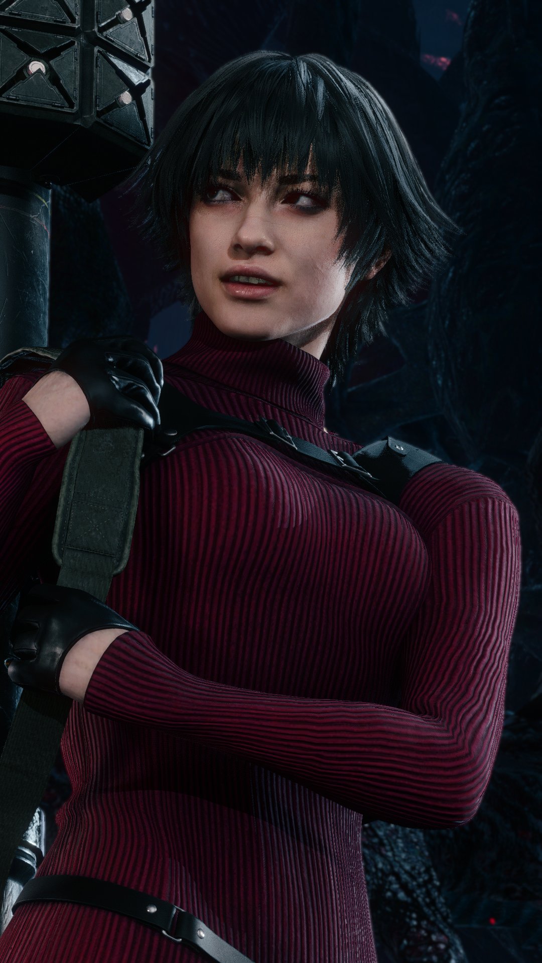 1girls, 3d, 9:16, ada wong (cosplay), bangs, black gloves, black hair, breasts, capcom, caucasian, caucasian female, company connection, cosplay, cosplayer, devil may cry, devil may cry (series), devil may cry 5, female, female only, fully clothed, gloves, heterochromia, kalina ann (weapon), lady (devil may cry), leather gloves, red dress, resident evil, tight clothes, tight clothing, tight fit
