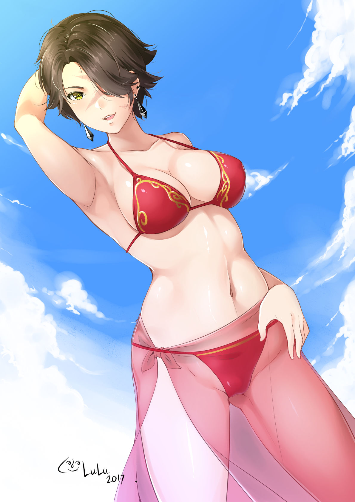 breasts, cinder fall, cleavage, female, female only, hair over eye, looking at viewer, lulu-chan92, panties, rwby, solo