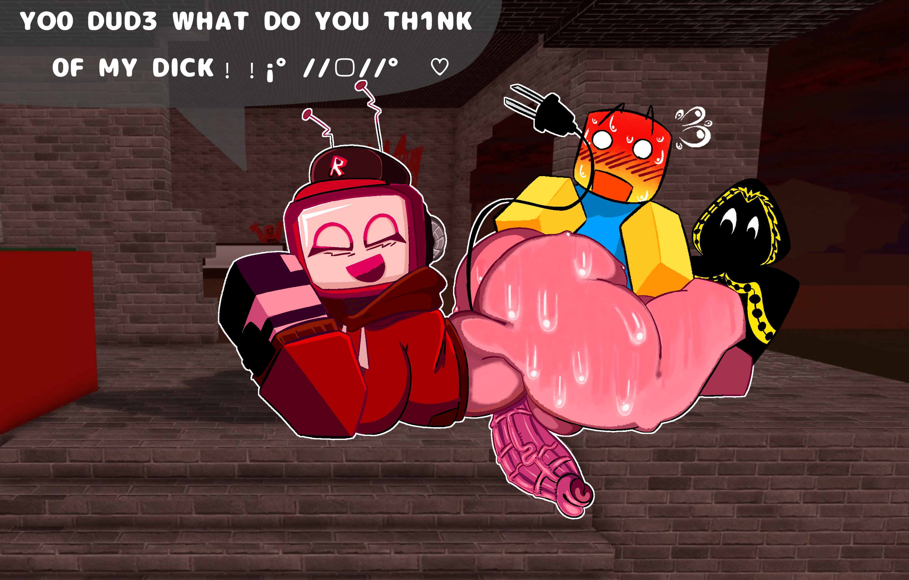 1futa, 3d background, accurate robloxian, ass, background characters, blocky body, bottomless, dialogue, flustered, forsaken (roblox), futa, futa focus, futanari, noob, noob (forsaken), noob (roblox), penis, penis out, pink skin, roblox, roblox background, roblox game, robloxian, screencap background, speech bubble, sweat, tagme, taph (forsaken), text, text bubble, thighs, veeronica, veiny penis