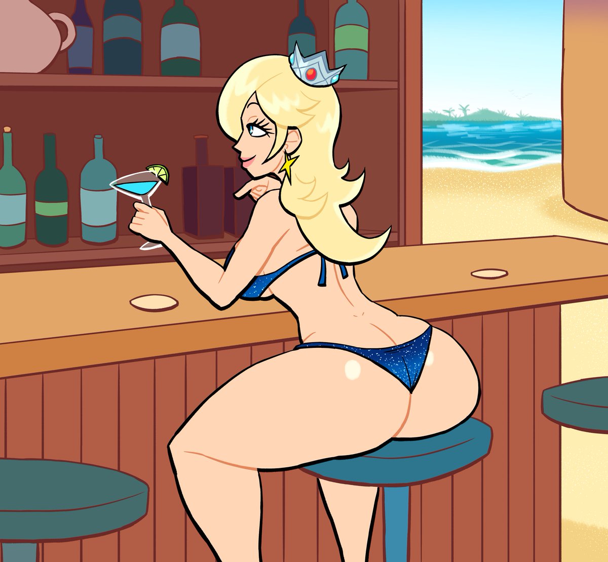 1girls, ass, bar, bar (place), bar counter, bar stool, bikini, breasts, female, female only, light skin, light-skinned female, lovetopullmicke, mario (series), princess rosalina, sitting, solo, swimsuit, tagme