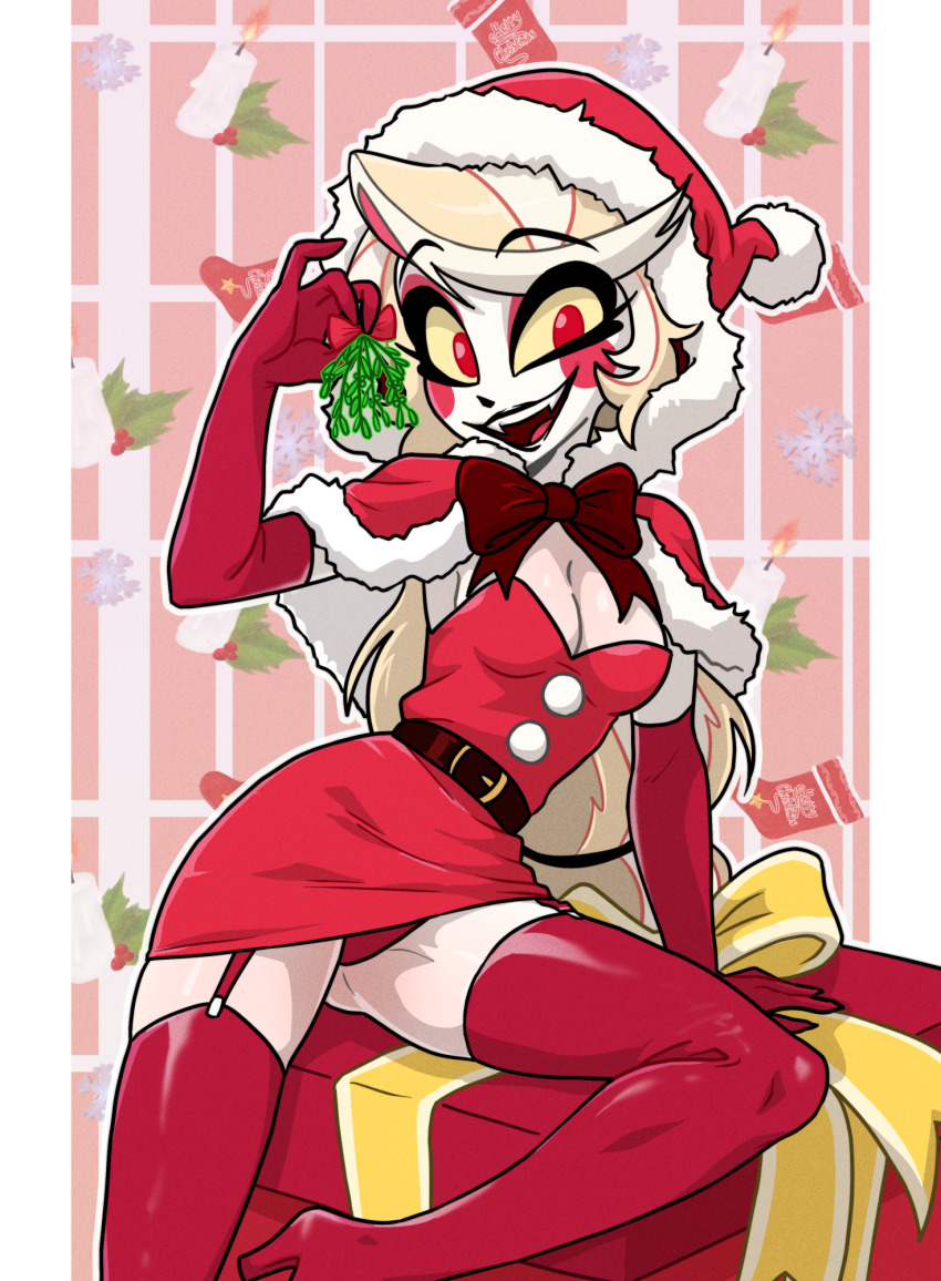 1girl, belt, boots, breasts, centinel303, charlie morningstar (hazbin hotel), christmas, colored sclera, hazbin hotel, hellaverse, ta-na