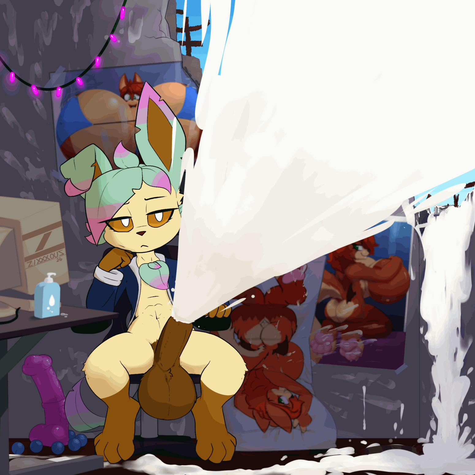 1boy, anal beads, animated, balls, body pillow, bottomless, bottomless male, brown sclera, continuous ejaculation, cum, cumming, dakimakura pillow, dildo, eeveelution, ejaculating cum, ejaculation, endless cum, erect, erection, excessive cum, game freak, green hair, hands-free, handsfree ejaculation, hyper, hyper breasts, hyper cumming, hyper ejaculation, infinite cum, large balls, leaf, leaf hair, leafeon, male, male focus, male only, nintendo, penis, pokemon, pokemon (species), poster (object), property damage, semen, semen on floor, vest, white eyes, yawning, zixxxous