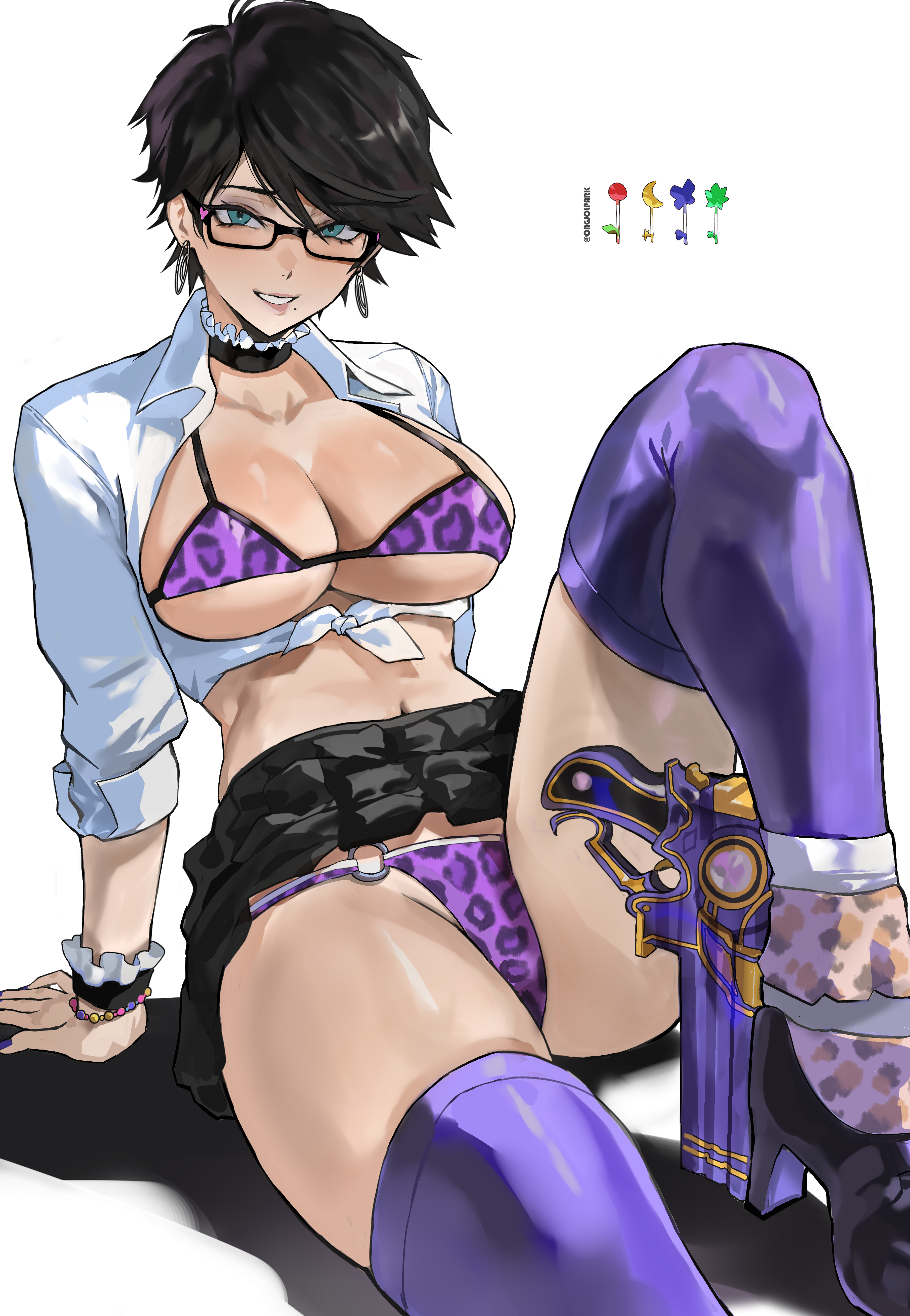 1girls, absurd res, animal print, artist name, bayonetta, bayonetta (character), bayonetta 2, black hair, blue eyes, bra, breasts, glasses, hi res, large breasts, leopard print, leopard print panties, miniskirt, ongjolpark, revision, simple background, solo, white background