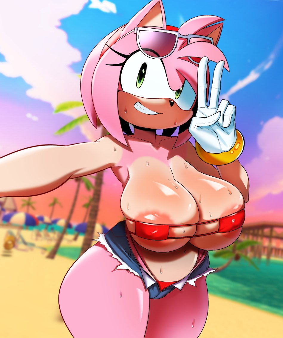 1girl, 1girls, amy rose, beach, big hips, boobs, booty shorts, breasts, color, detailed background, female, female focus, female only, god1annie, hedgehog, hips, huge breasts, large breasts, large hips, looking at viewer, peace sign, red bikini, sega, selfie, sonic (series), sonic the hedgehog (series), string bikini, sunglasses, sweat