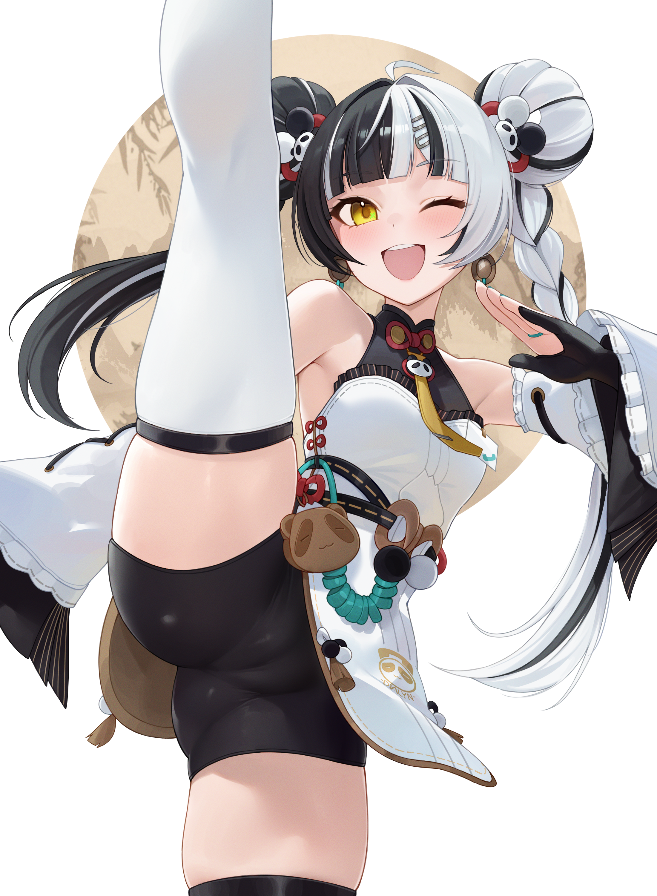 1girls, bare shoulders, black hair, blush, breasts, cameltoe, colored nails, dialyn (zenless zone zero), dress, female, female focus, female only, legs, legwear, long hair, multicolored hair, one eye closed, one leg raised, one leg up, open mouth, painted nails, pussy, pussy visible through clothes, shorts, small breasts, smile, solo, thighhighs, thighs, weimiaw, white hair, yellow eyes, zenless zone zero