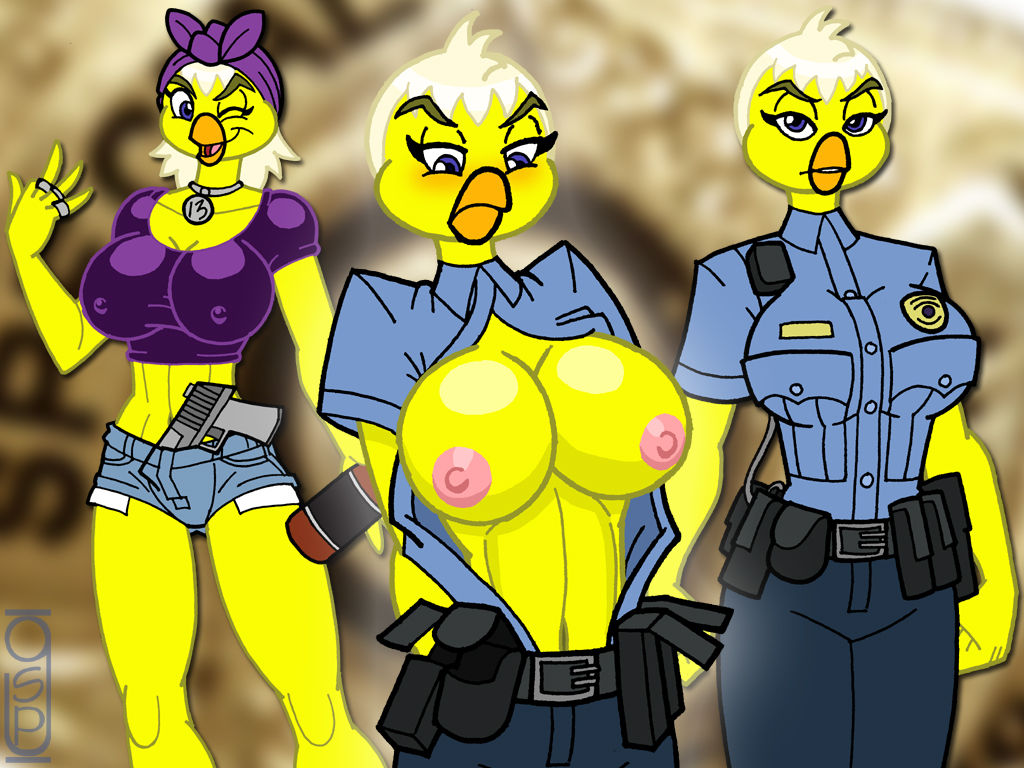 avian bird blonde_hair blue_eyes breasts clothing female greg_panovich nipples police_uniform policewoman tagme yellow_feathers