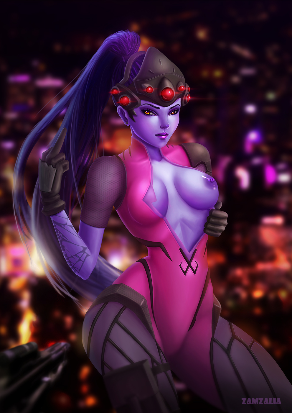 1girls blizzard_entertainment breasts female female_only gloves highres large_breasts long_hair nipple_bulge nipples overwatch ponytail purple_hair purple_lips solo tagme tied_hair very_long_hair widowmaker yellow_eyes zamzalia