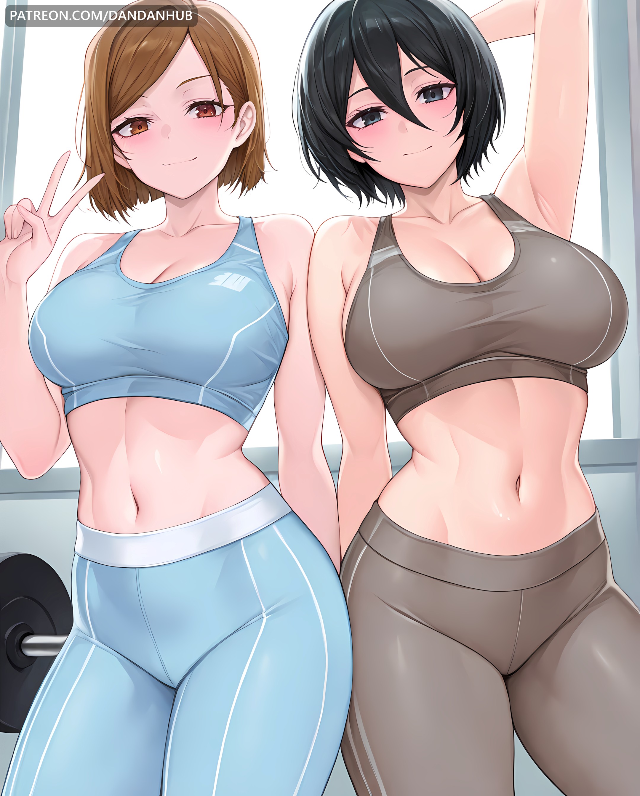 2girls, ai generated, arm behind back, arm up, armpits, attack on titan, bangs, bare shoulders, black eyes, black hair, blue pants, blush, breasts, brown eyes, brown hair, cleavage, closed mouth, collarbone, cowboy shot, dandanhub, dumbbell, female, female only, gym, hair between eyes, jujutsu kaisen, kugisaki nobara, large breasts, looking at viewer, midriff, mikasa ackerman, multiple girls, navel, nobara kugisaki, pants, shingeki no kyojin, short hair, smile, sports bra, sportswear, standing, stomach, thighs, tight pants, v, yoga pants