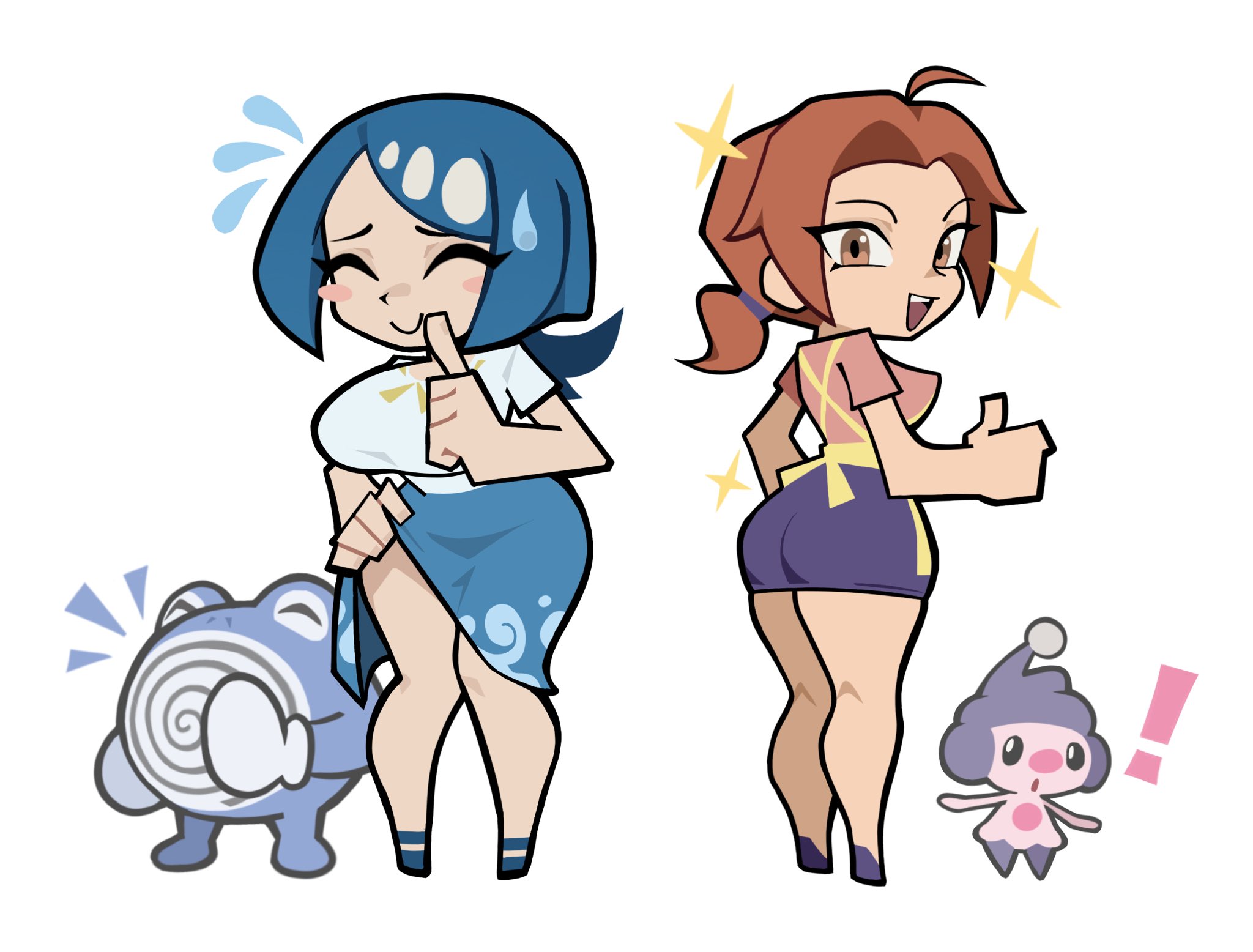 2girls, big breasts, chafa 8, cute, delia ketchum (pokemon), lana's mother (pokemon), milf, mime jr., pokemon, pokemon (anime), poliwhirl, thick, thick thighs