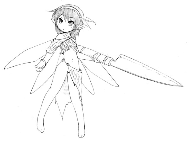 camel_(dansen) fairy fairy_wings female female knife minigirl monochrome no_panties original pointy_ears short_hair solo weapon wings