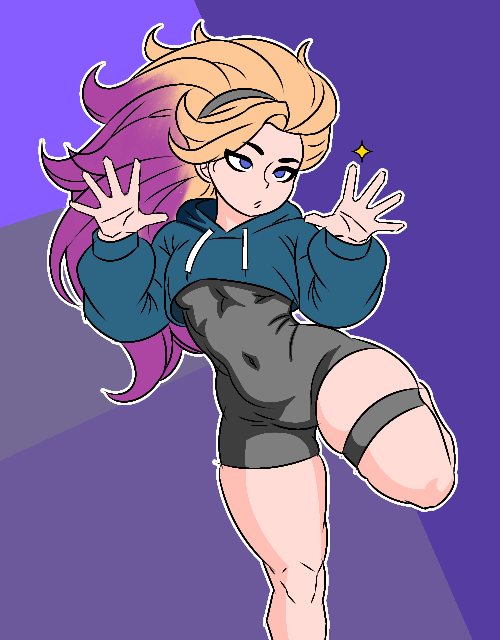 1girls, 2d, 2d (artwork), ass, child bearing hips, clothing, curvaceous, curvaceous ass, curvaceous body, curvaceous female, curvaceous figure, curvaceous hips, curvaceous thighs, curvy, curvy body, curvy female, curvy figure, curvy hips, curvy thighs, female, female focus, female only, jacket, league of legends, long hair, multicolored hair, no shoes, purple eyes, riot games, skin tight, solo, solo female, solo focus, thick, thick hips, thick legs, thick thighs, thigh strap, toned, toned female, waifu, xmito, zoe (league of legends)
