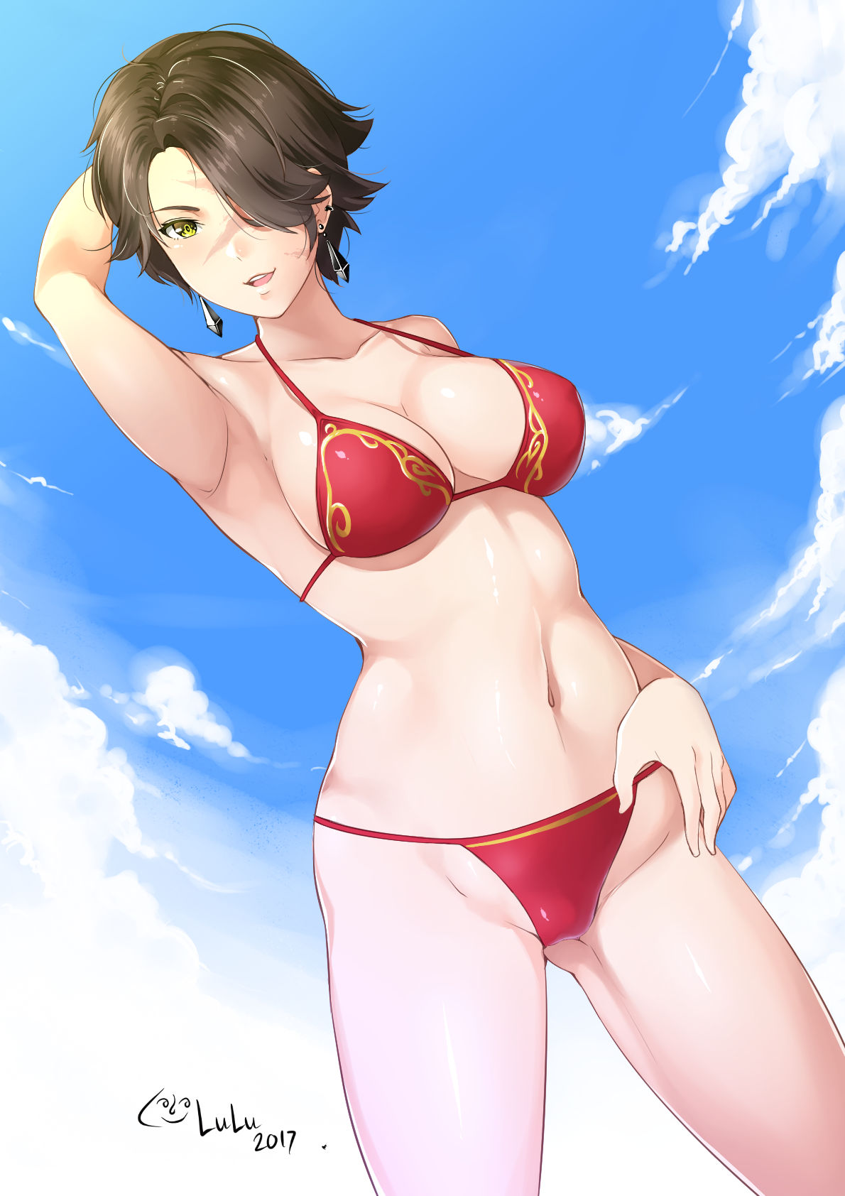 bra, breasts, cinder fall, cleavage, female, female only, hair over eye, looking at viewer, lulu-chan92, panties, rwby, solo