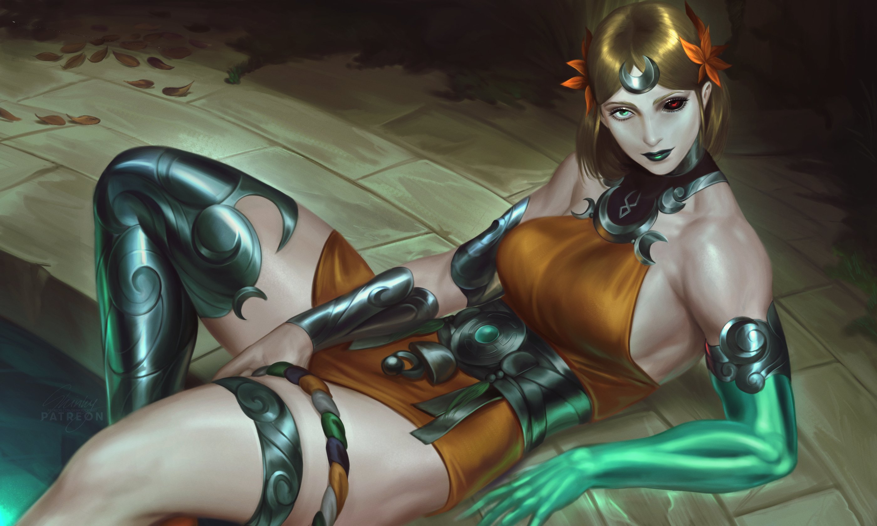 1girls, blonde hair, clothing, dress, female, female only, green lipstick, hades (game), hades 2, human, lipstick, melinoe (hades), muscular female, nonsexual, pale skin, sideboob, skinky, solo, thighhighs, water