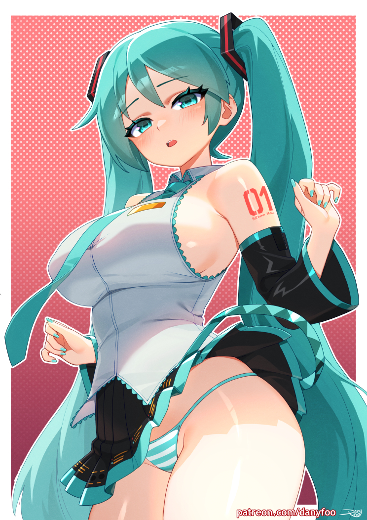 1girl, alternate breast size (larger), aqua eyes, aqua hair, aqua nails, aqua trim, arm tattoo, black skirt, breasts, collared shirt, commentary request, danyfoo, fingernails, hair between eyes, hair ornament, hatsune miku, large breasts, long hair, looking at viewer, miniskirt, nail polish, number tattoo, open mouth, panties, pleated skirt, polka dot, polka dot background, shirt, skirt, sleeveless, sleeveless shirt, solo, striped clothes, striped panties, tattoo, underwear, vocaloid