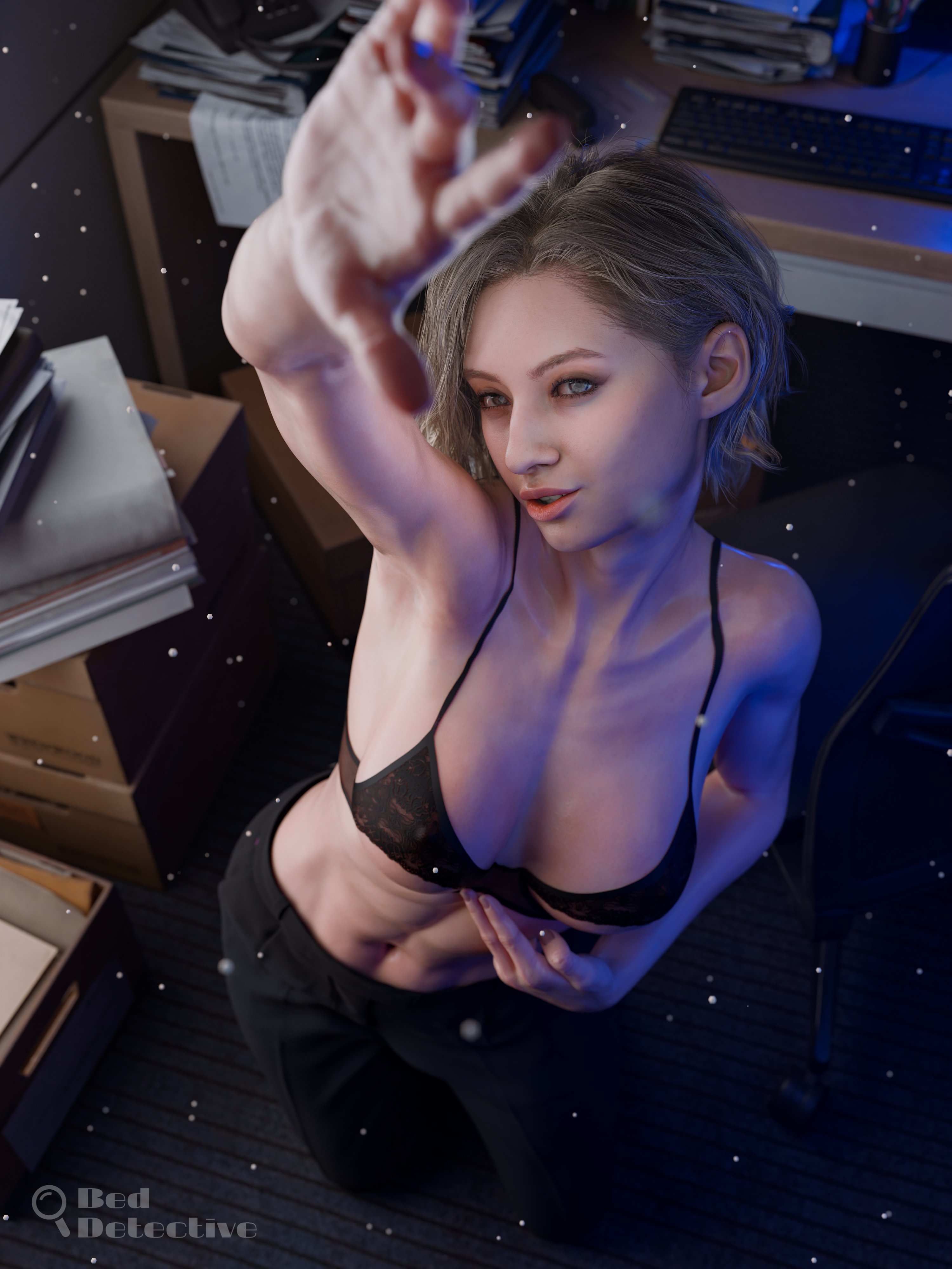 3d, 3d (artwork), 3d render, abs, beddetective, big breasts, black bra, blender, blonde, blonde female, blonde hair, blue eyes, bra, breasts, grace ashcroft, grace ashcroft (julia pratt), lace, lace trim, lace-trimmed bra, lingerie bra, navel, office, office lady, render, resident evil, resident evil 9: requiem, short hair, smile, toned female, tummy, wavy hair, zayebator