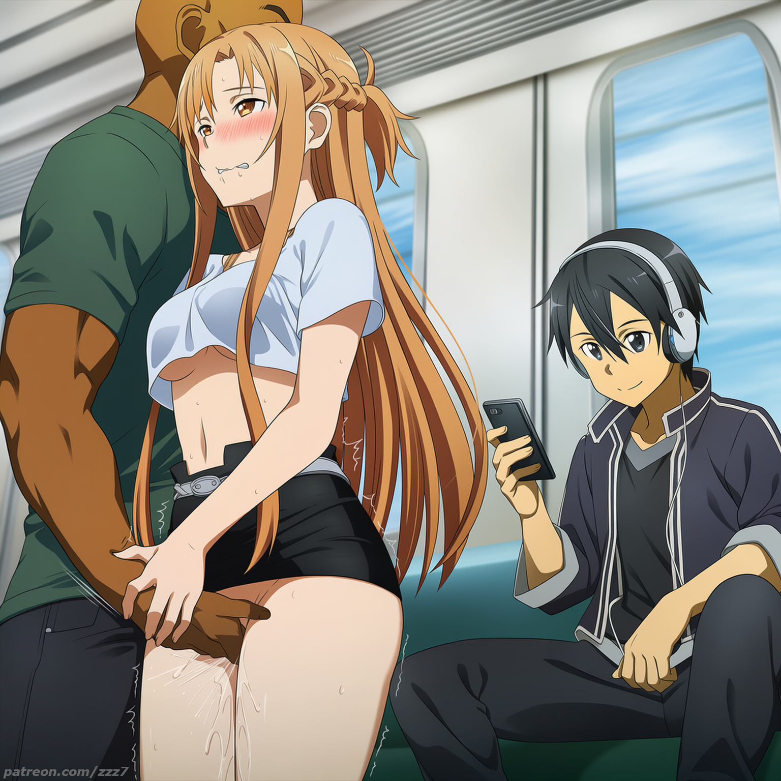 1girls, 2boys, agil, ai generated, aroused, biting own lip, blush, braless, cheating, crop top, crotch grab, cuckold, fingering, fingering partner, horny, kirito, lip biting, miniskirt, motion lines, navel, netorare, no bra, no panties, ntr, sitting, standing, stealth, stealth fingering, sword art online, train interior, trembling, underboob, watermark, yuuki asuna, zzz7