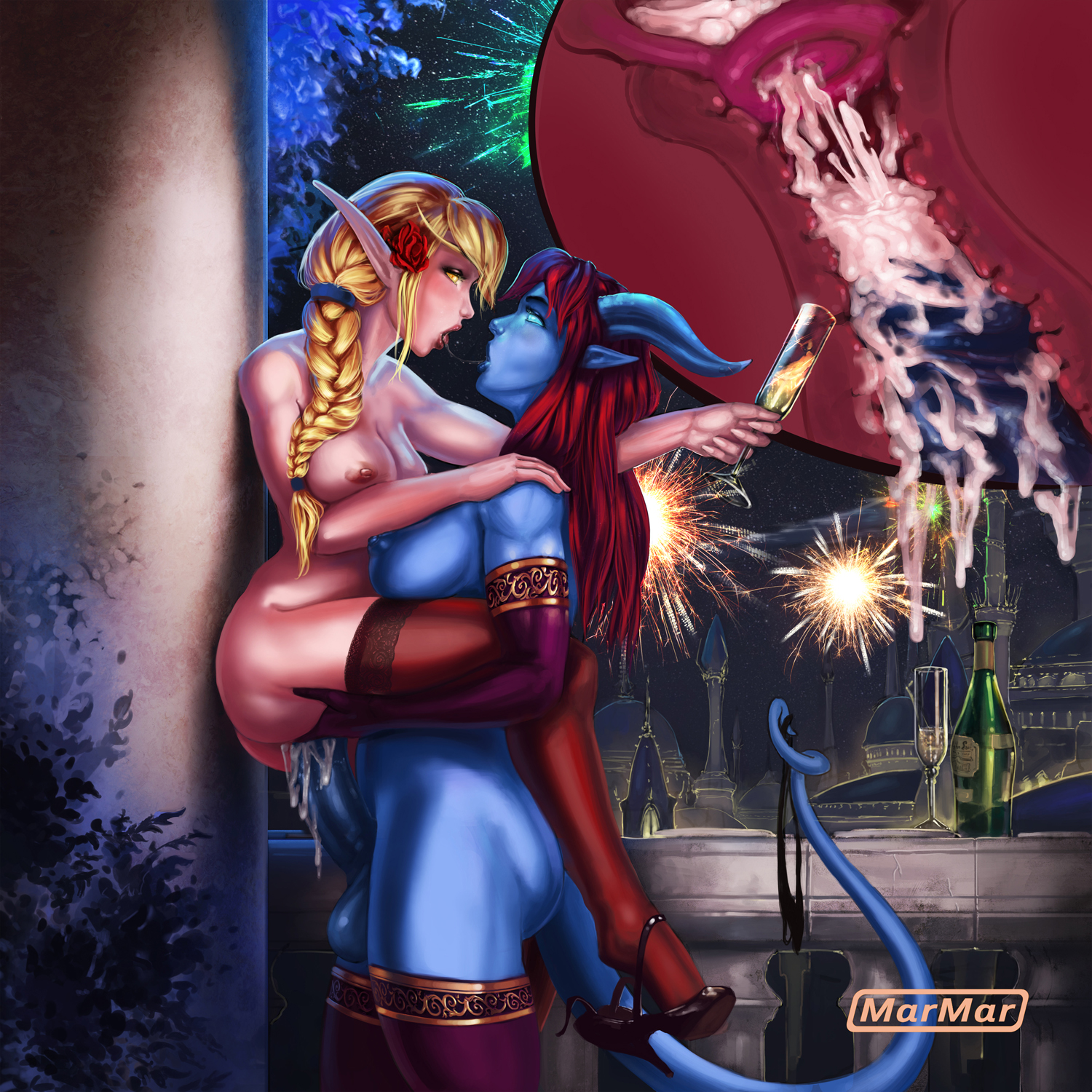 balls, blizzard entertainment, blonde hair, blood elf, blue skin, breasts, cum, cum in pussy, cum in uterus, cum inside, dickgirl, draenei, elf, erection, female, fireworks, flamelight, futa on female, futanari, horns, intersex, kayendra, large penis, marmar, nipples, open mouth, original character, penetration, penis, pointy ears, pussy, roleplay character, saliva, saliva trail, sex, shareel, spread legs, standing, tagme, tail, testicles, thighhighs, uterus, vaginal penetration, warcraft, world of warcraft, x-ray