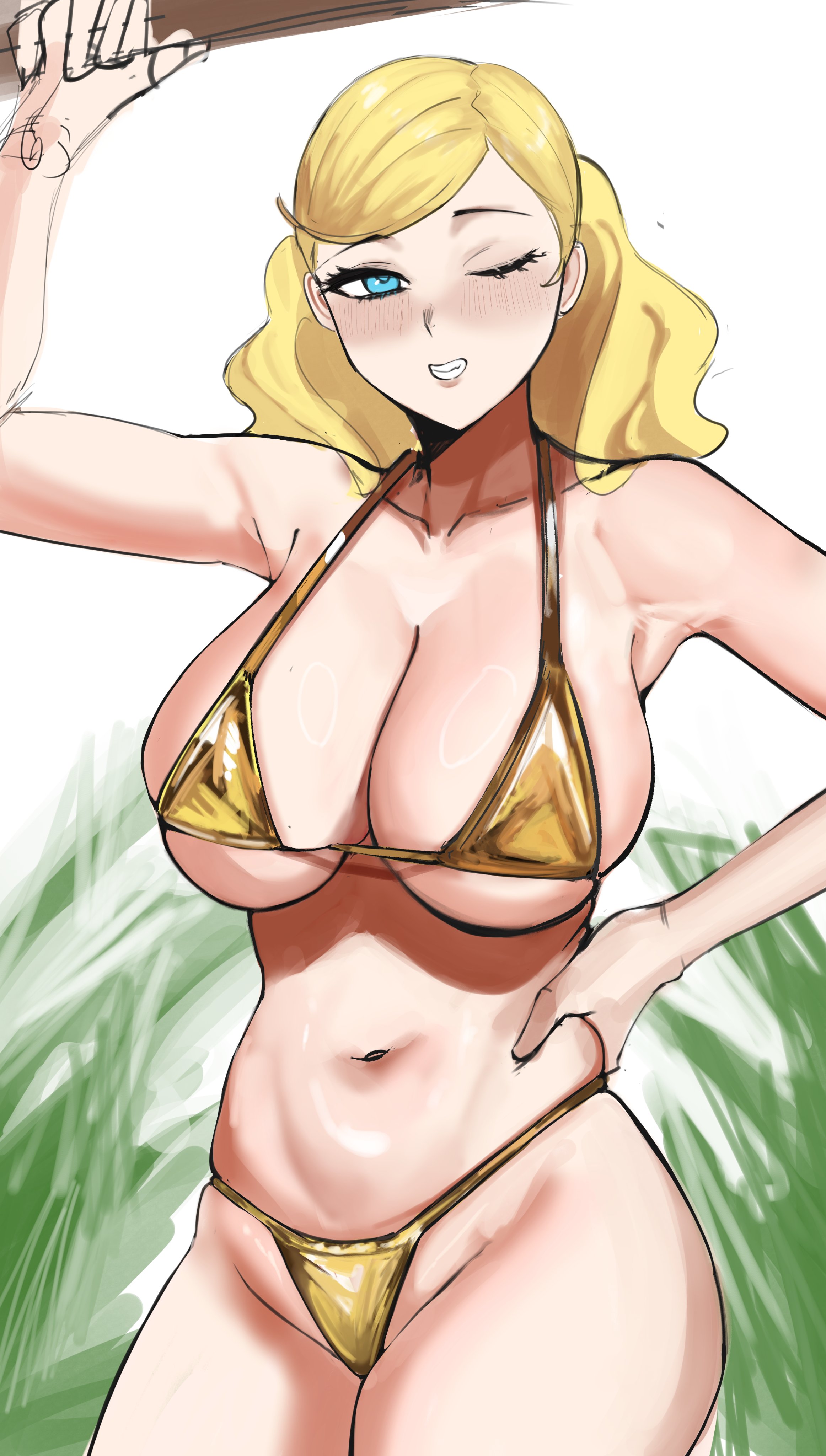 ann takamaki, belly, belly button, blush, blushing, blushing at viewer, cleavage, female, female only, golden bikini, golden week, hips, hips wider than shoulders, large breasts, looking at viewer, micro bikini, navel, nero watch, persona, persona 5, sideboob, thick thighs, thighs, thong bikini, underboob, wide hips, winking at viewer