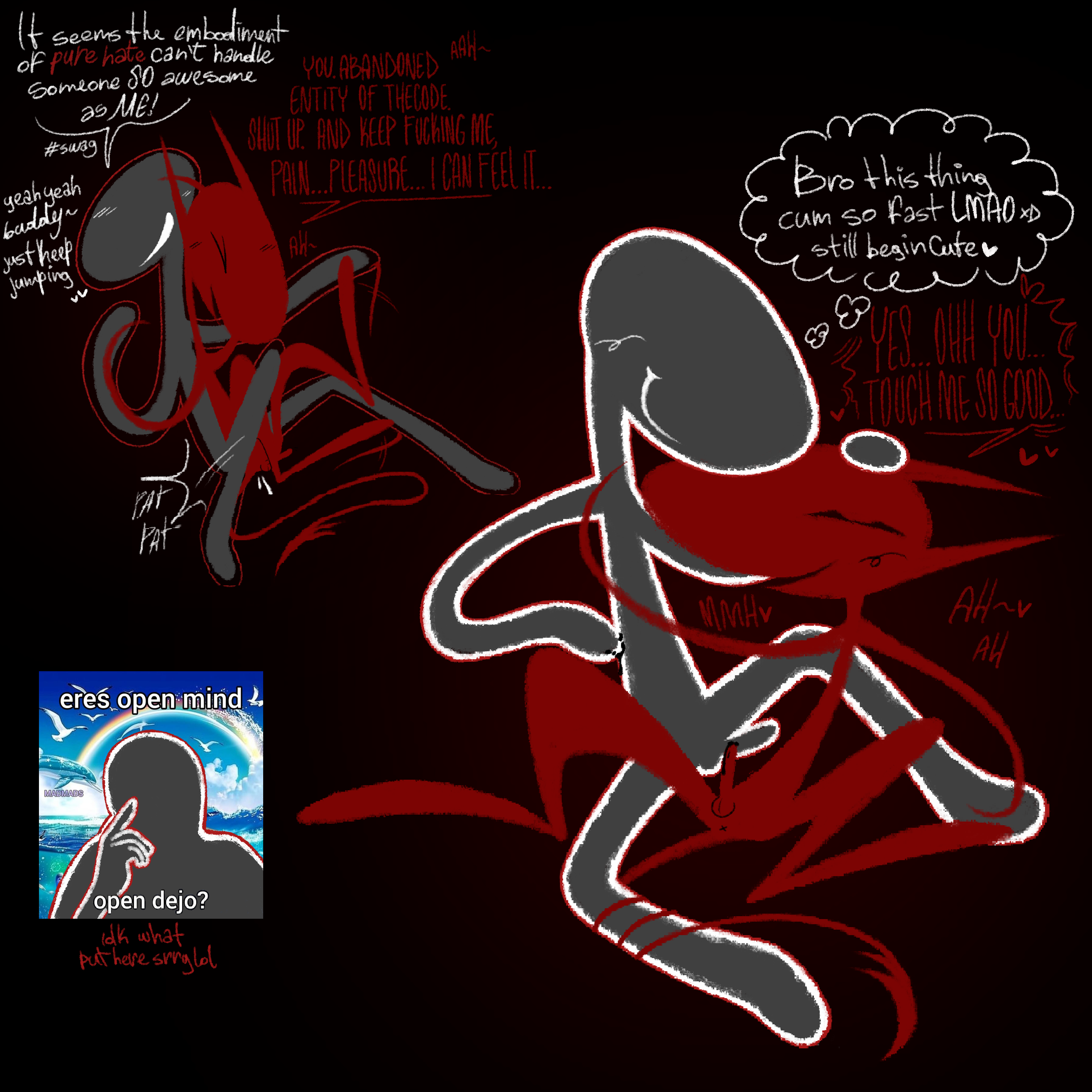 anal, anal penetration, anal sex, anus, balls, block tales, blush, blushing, crossover, cum, cumming in hand, dialogue, domination, english text, fanart, hatred (block tales), horns, male focus, meme in the background, nullscape, nullscape (roblox), orgasm, orgasm face, penetration, penetration from behind, penis, roblox, roblox game, romantic couple, shipping, speech bubble, stickman, tagme (artist), tail, telefragger (nullscape), text, thought bubble