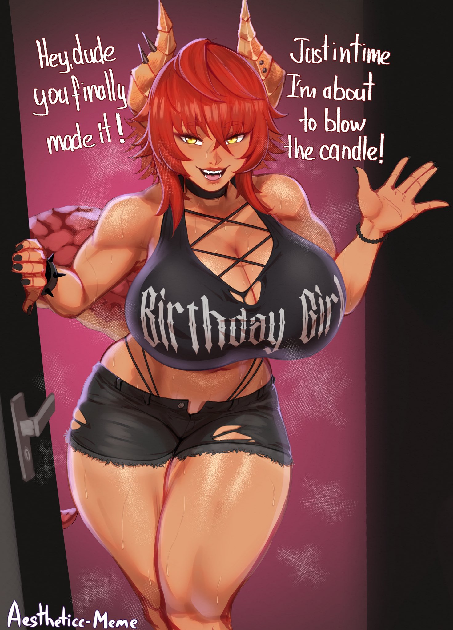 1girl, aestheticc-meme, artist name, black choker, black nails, bracelet, breasts, cake, choker, cleavage, cleavage cutout, clothing cutout, commentary, crop top, dragon girl, dragon horns, dragon tail, english commentary, english text, female, female only, food, highres, horns, indie virtual youtuber, indoors, jewelry, large breasts, pov, red hair, shorts, socks agency, spiked bracelet, spikes, steam, strawberry cake, table, tail, twitch streamer, twitch.tv, twitter, virtual youtuber, vtuber, yellow eyes, youtube, youtuber, zentreya, zentreya (dragon)
